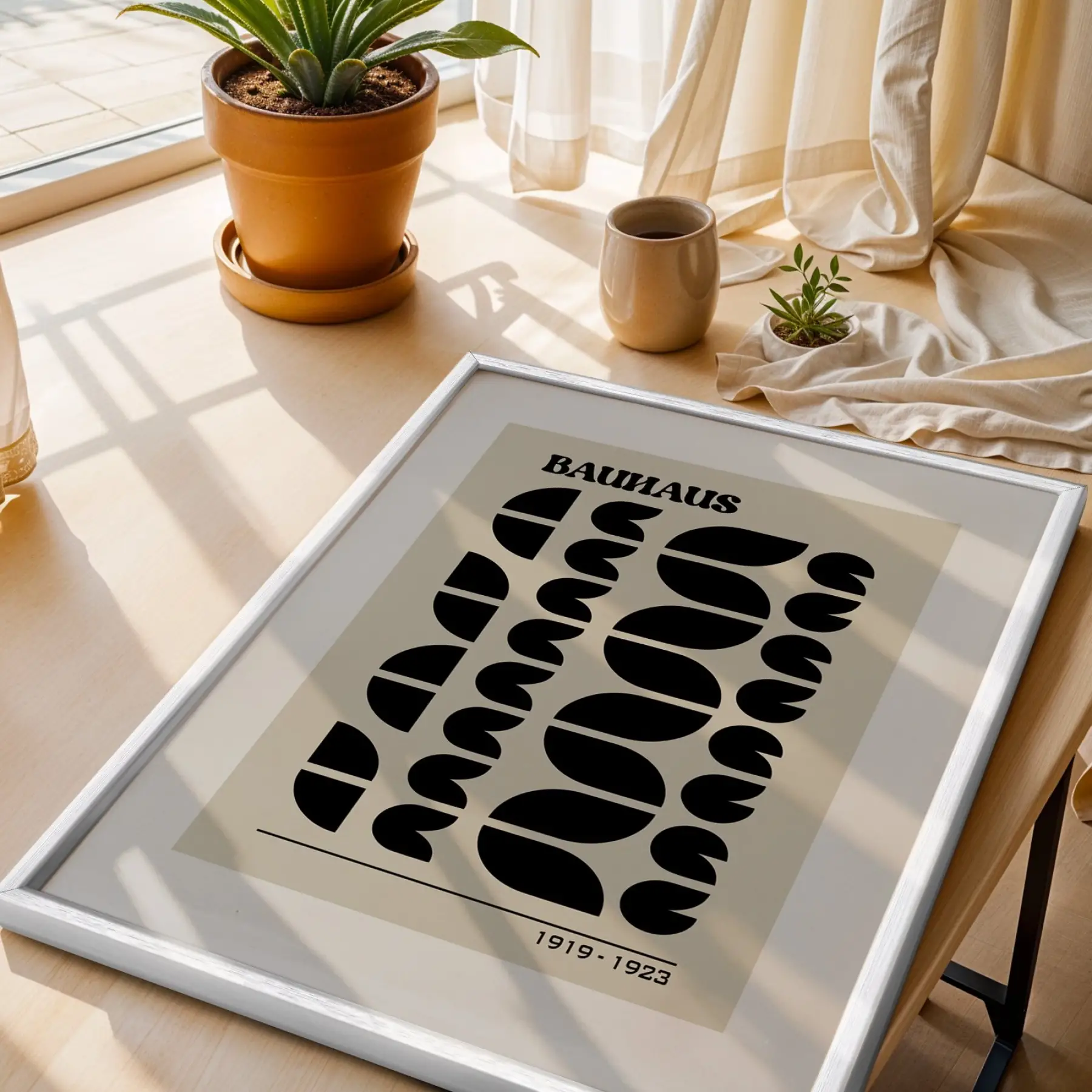 Bauhaus Geometrik Düzen Beyaz Çerçeveli 3lü Ahşap Tablo Seti