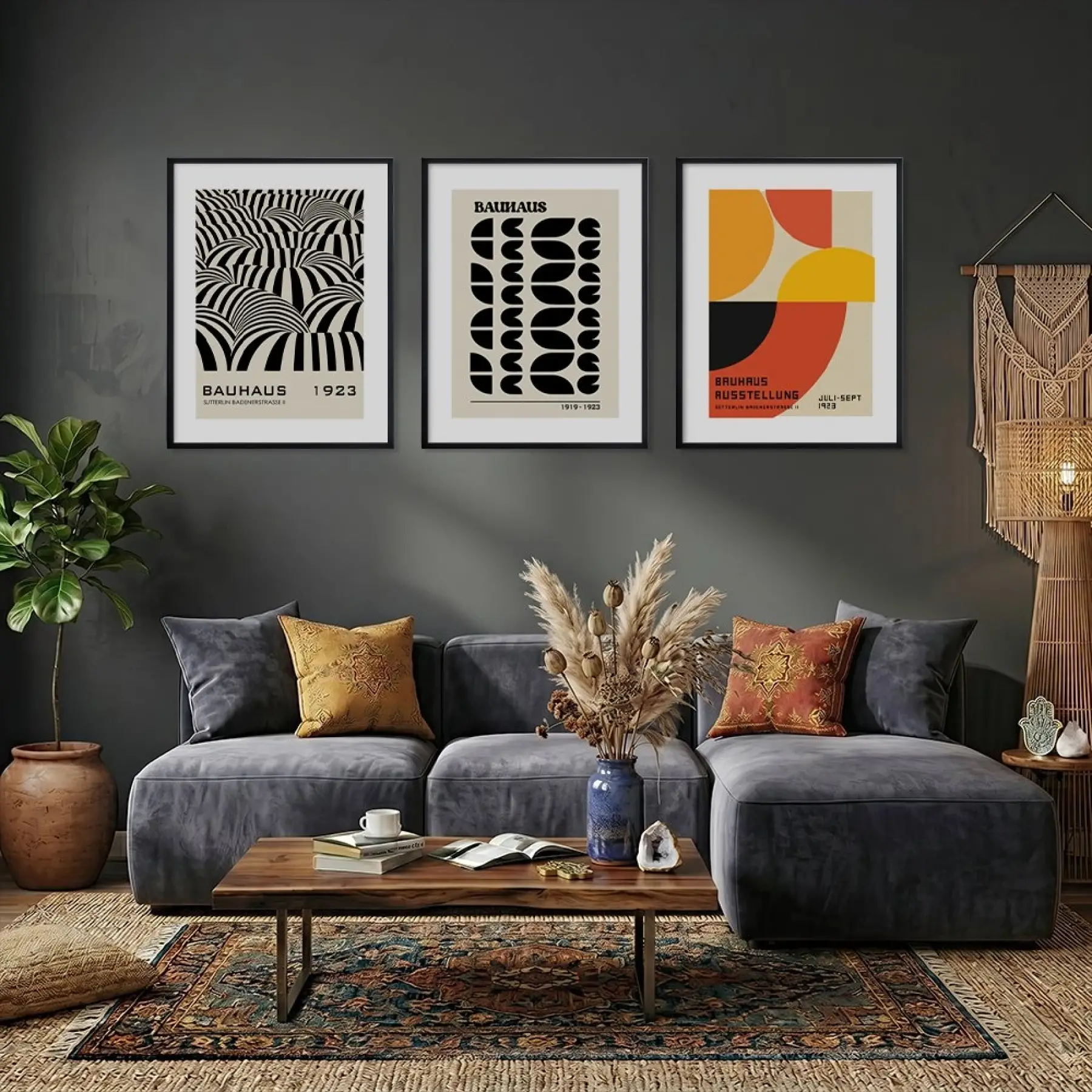 Bauhaus Geometrik Düzen Siyah Çerçeveli 3lü Ahşap Tablo Seti