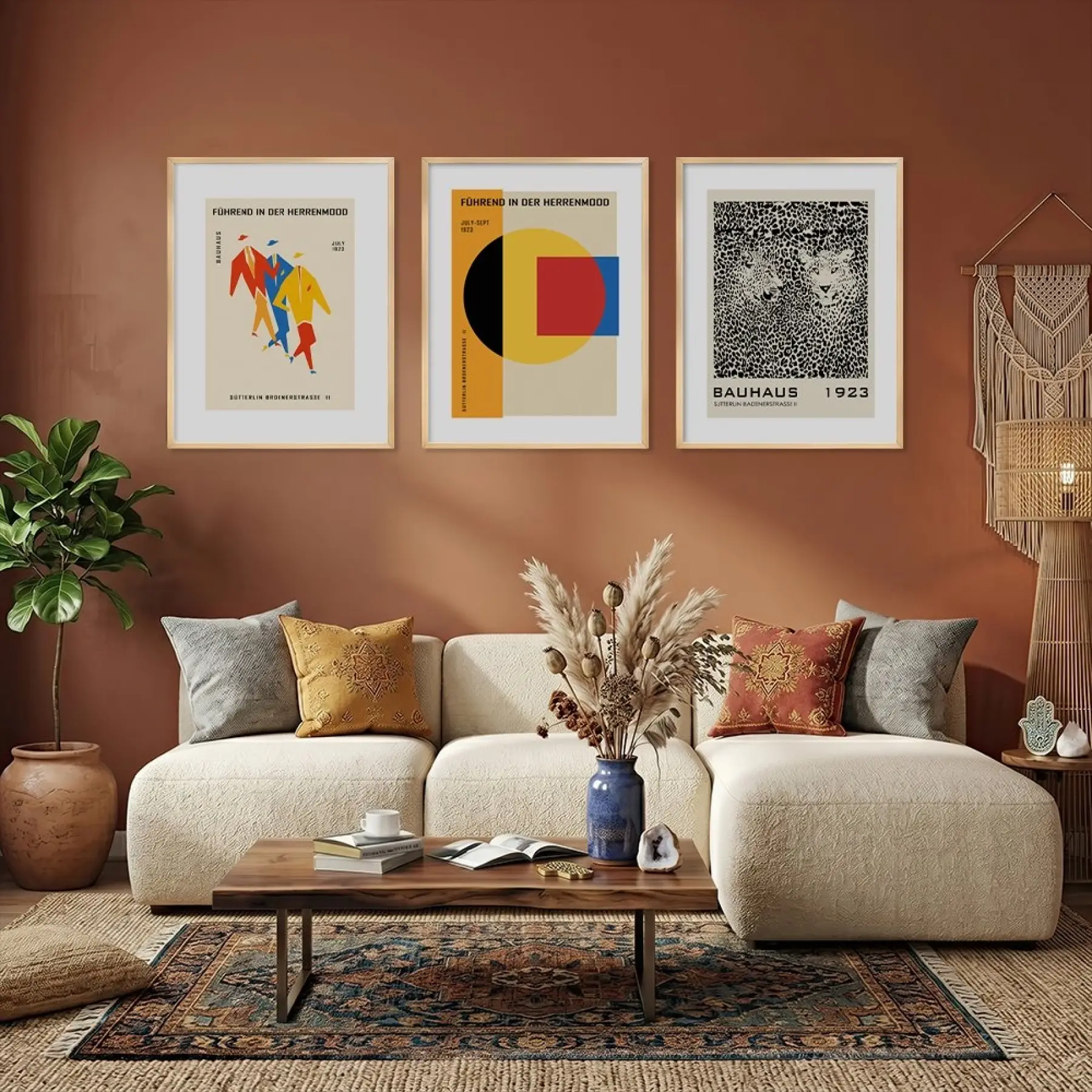 Bauhaus Figür Leopar Sanatı Doğal Ahşap Çerçeveli 3lü Tablo Seti