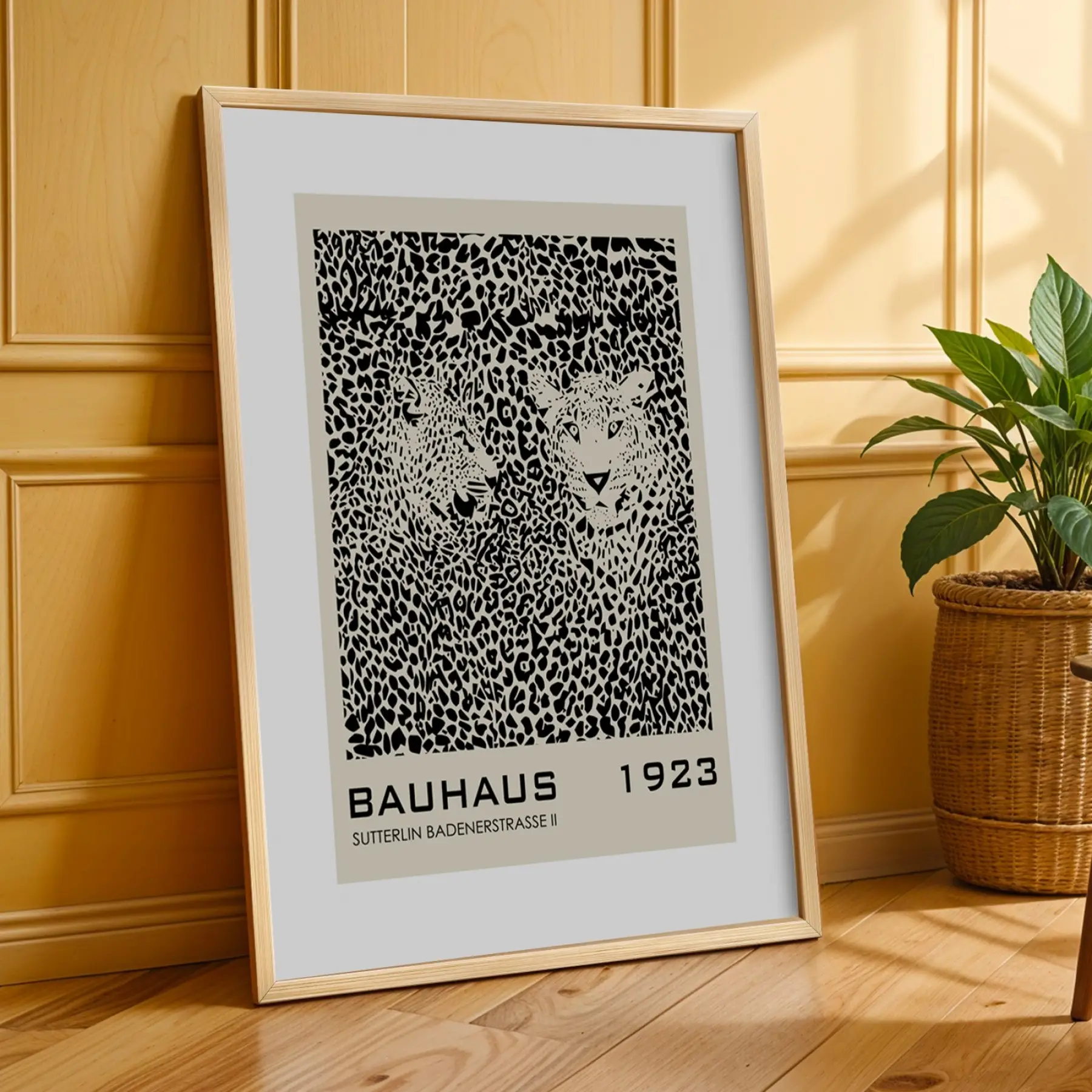 Bauhaus Figür Leopar Sanatı Doğal Ahşap Çerçeveli 3lü Tablo Seti
