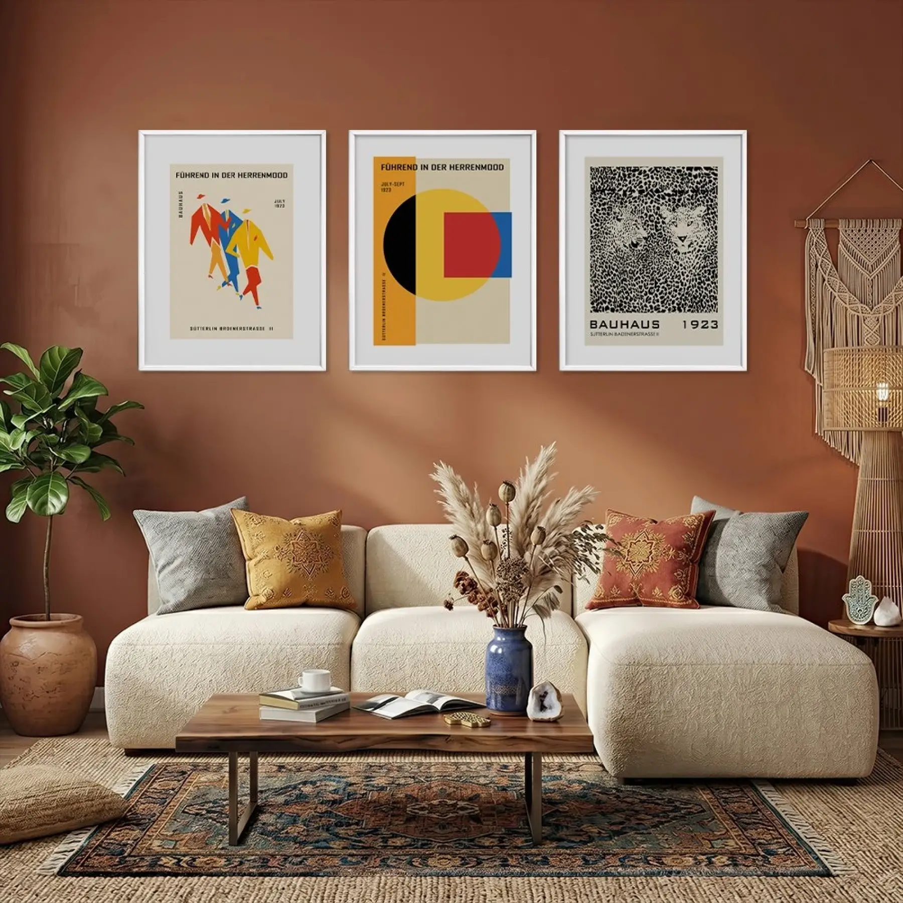 Bauhaus Figür Leopar Sanatı Beyaz Çerçeveli 3lü Ahşap Tablo Seti