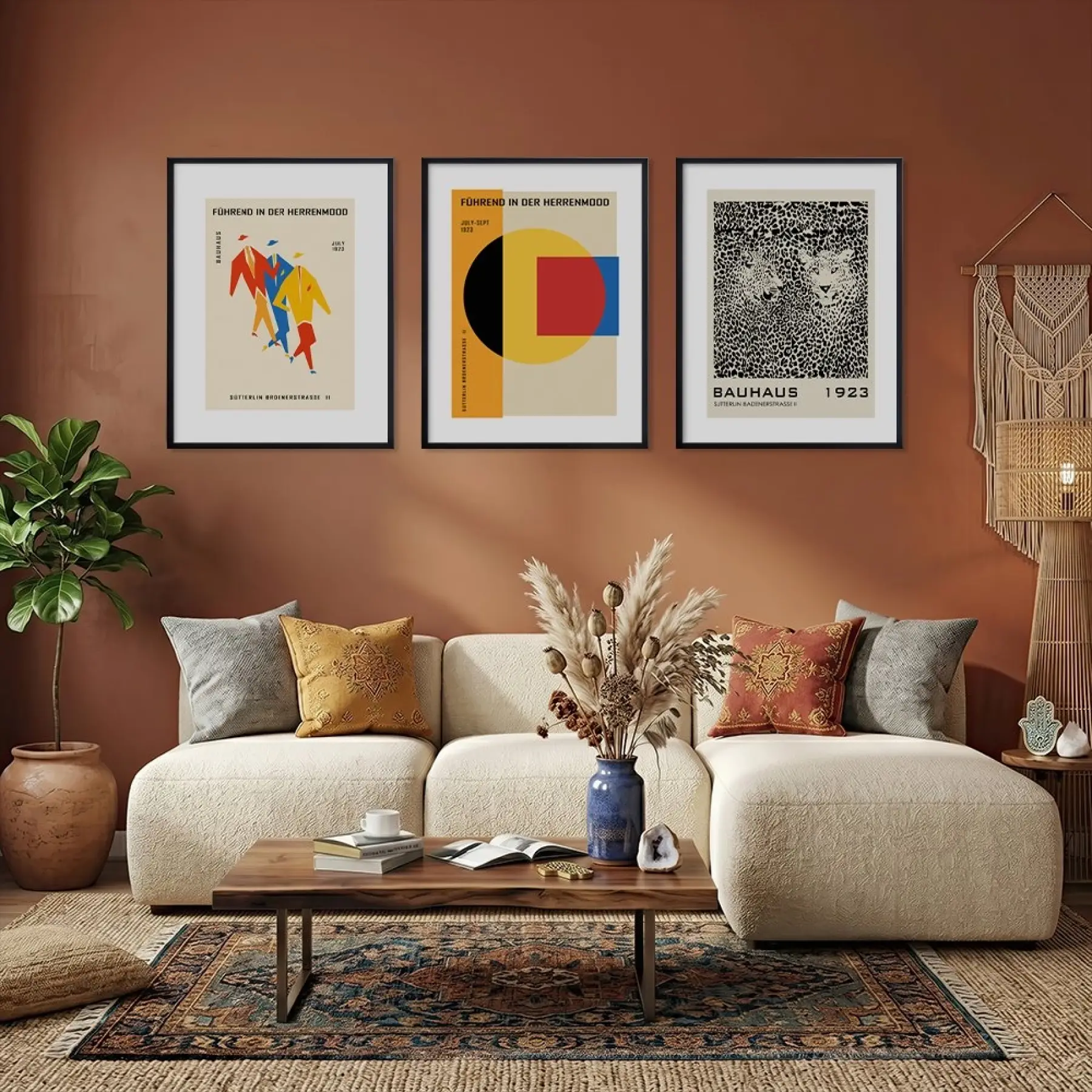 Bauhaus Figür Leopar Sanatı Siyah Çerçeveli 3lü Ahşap Tablo Seti