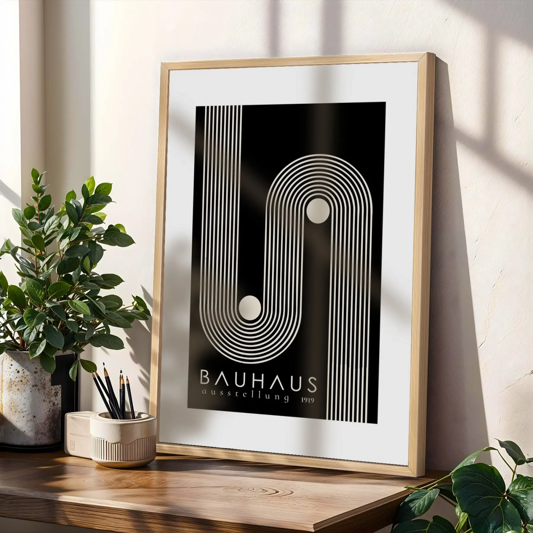 Siyah Bej Bauhaus Ritimleri Doğal Ahşap Çerçeveli 3lü Tablo Seti