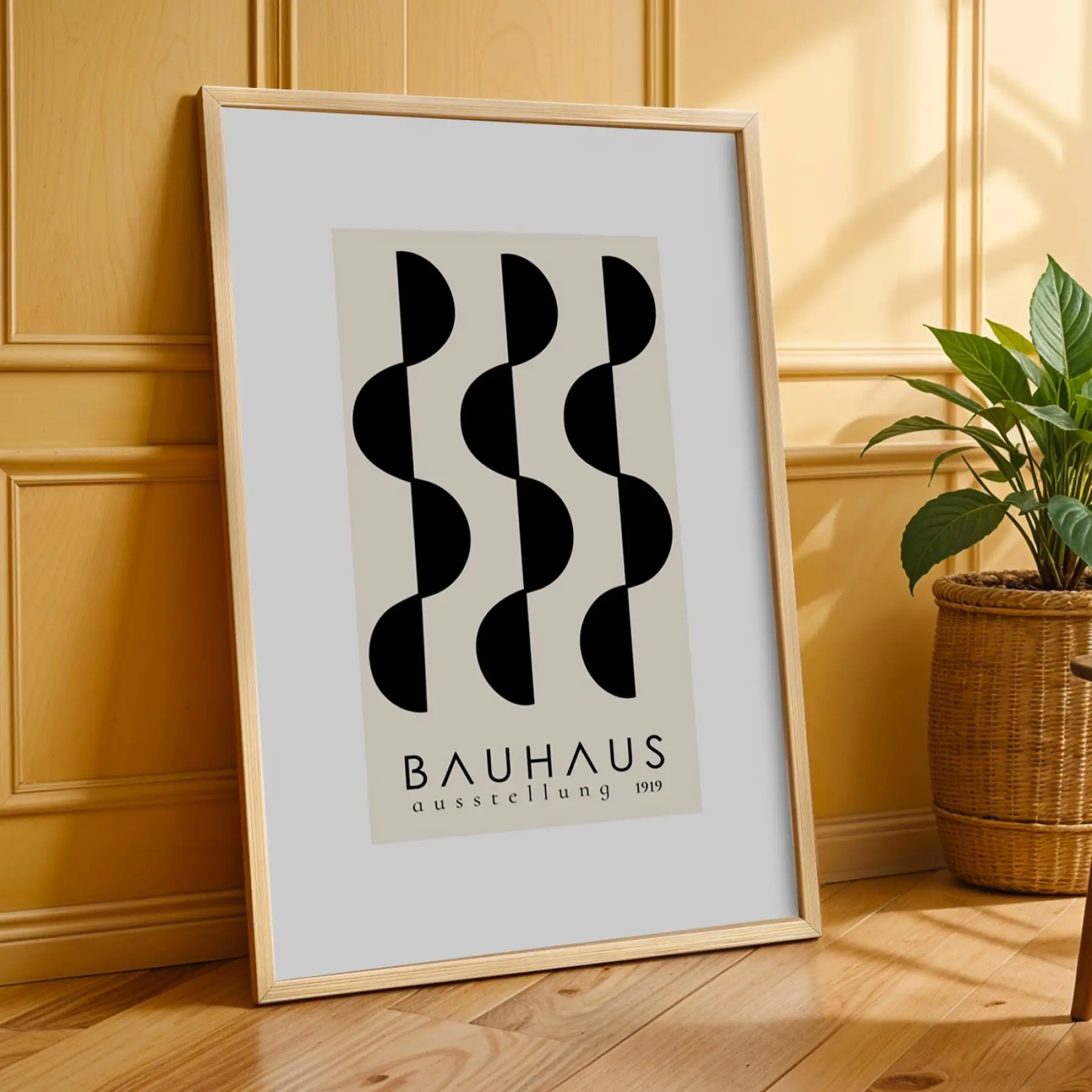 Siyah Bej Bauhaus Ritimleri Doğal Ahşap Çerçeveli 3lü Tablo Seti