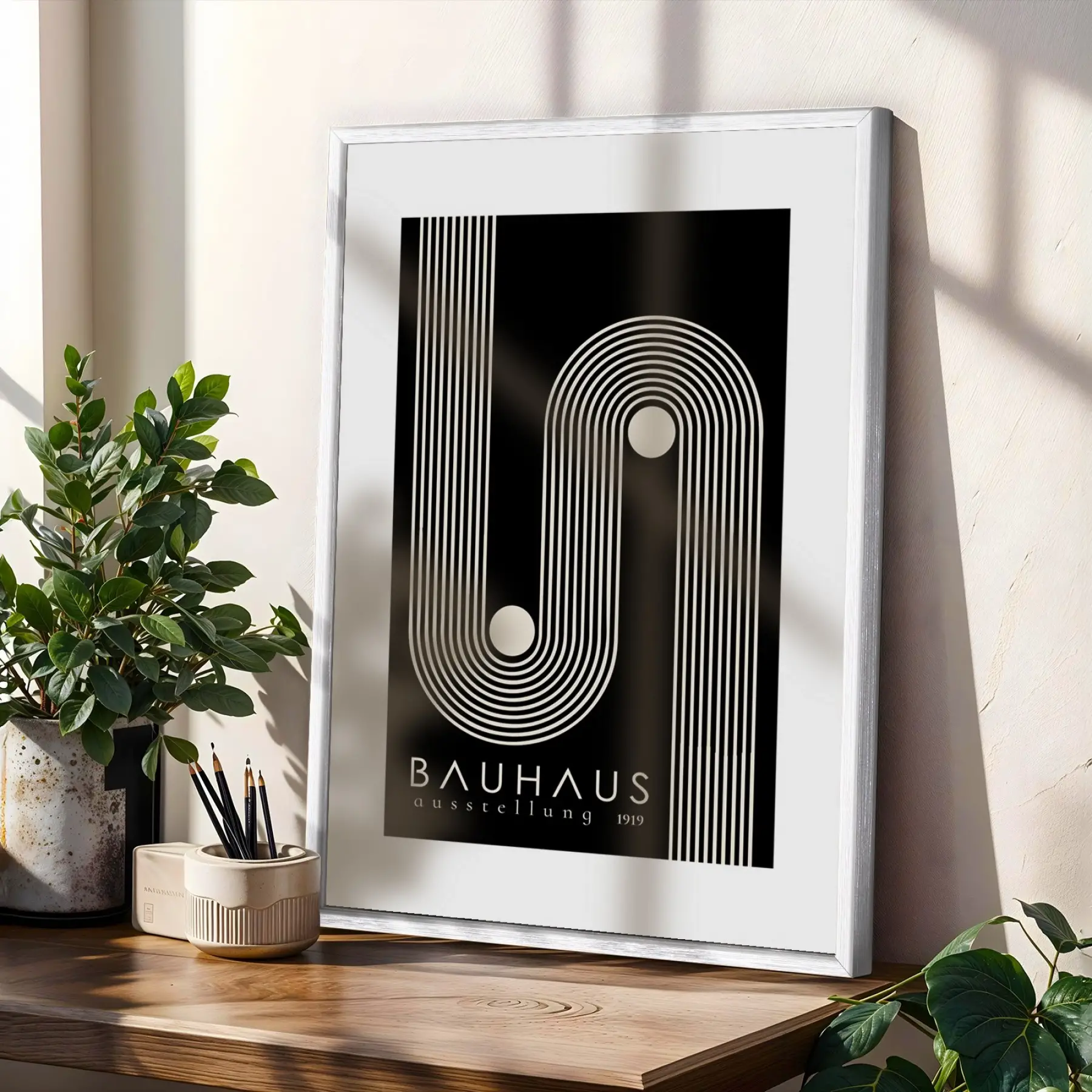 Siyah Bej Bauhaus Ritimleri Beyaz Çerçeveli 3lü Ahşap Tablo Seti
