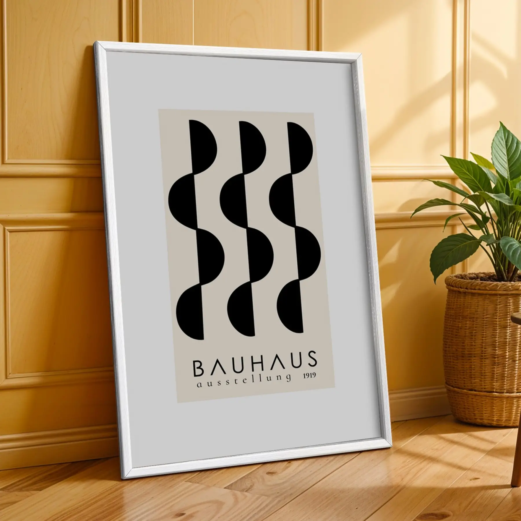 Siyah Bej Bauhaus Ritimleri Beyaz Çerçeveli 3lü Ahşap Tablo Seti