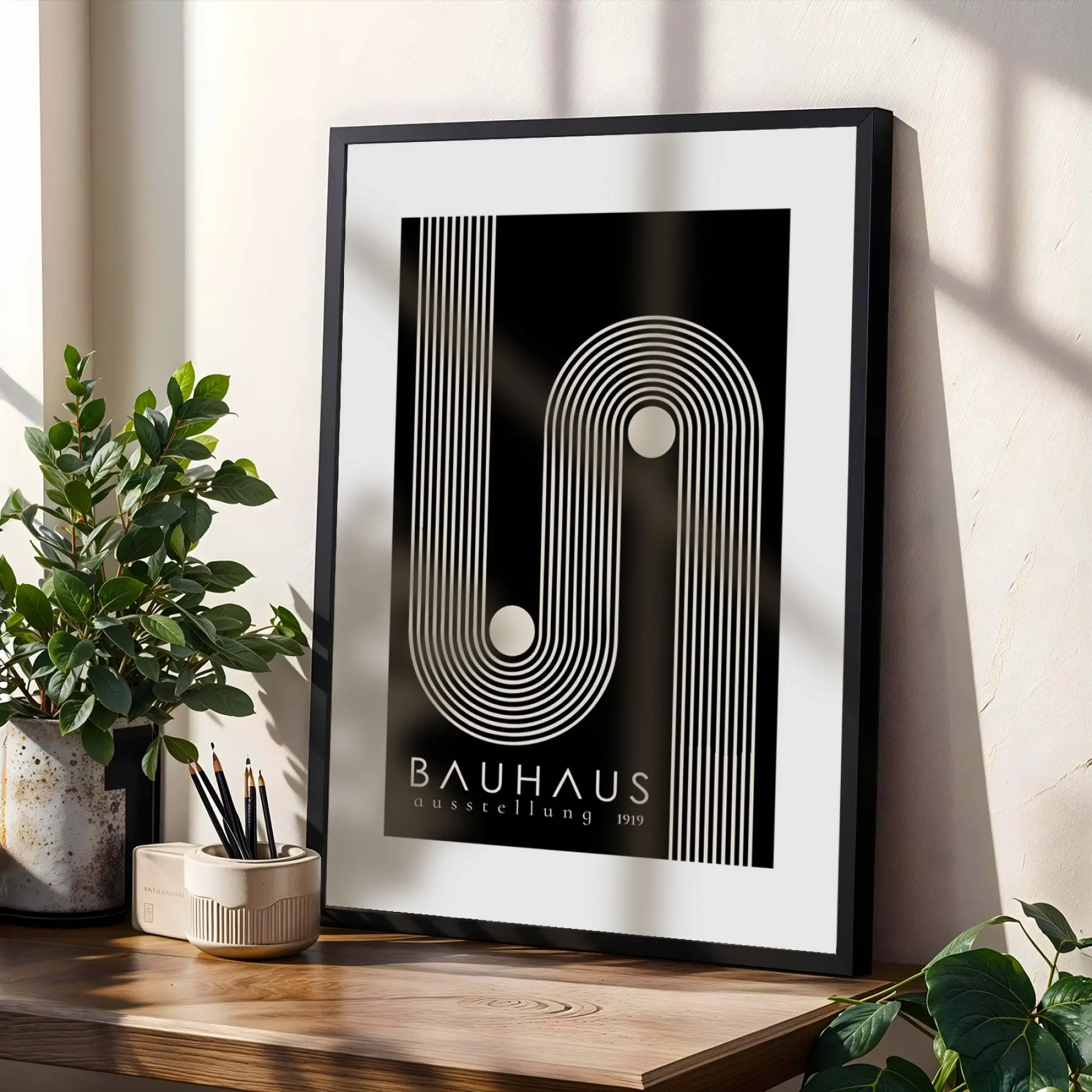 Siyah Bej Bauhaus Ritimleri Siyah Çerçeveli 3lü Ahşap Tablo Seti