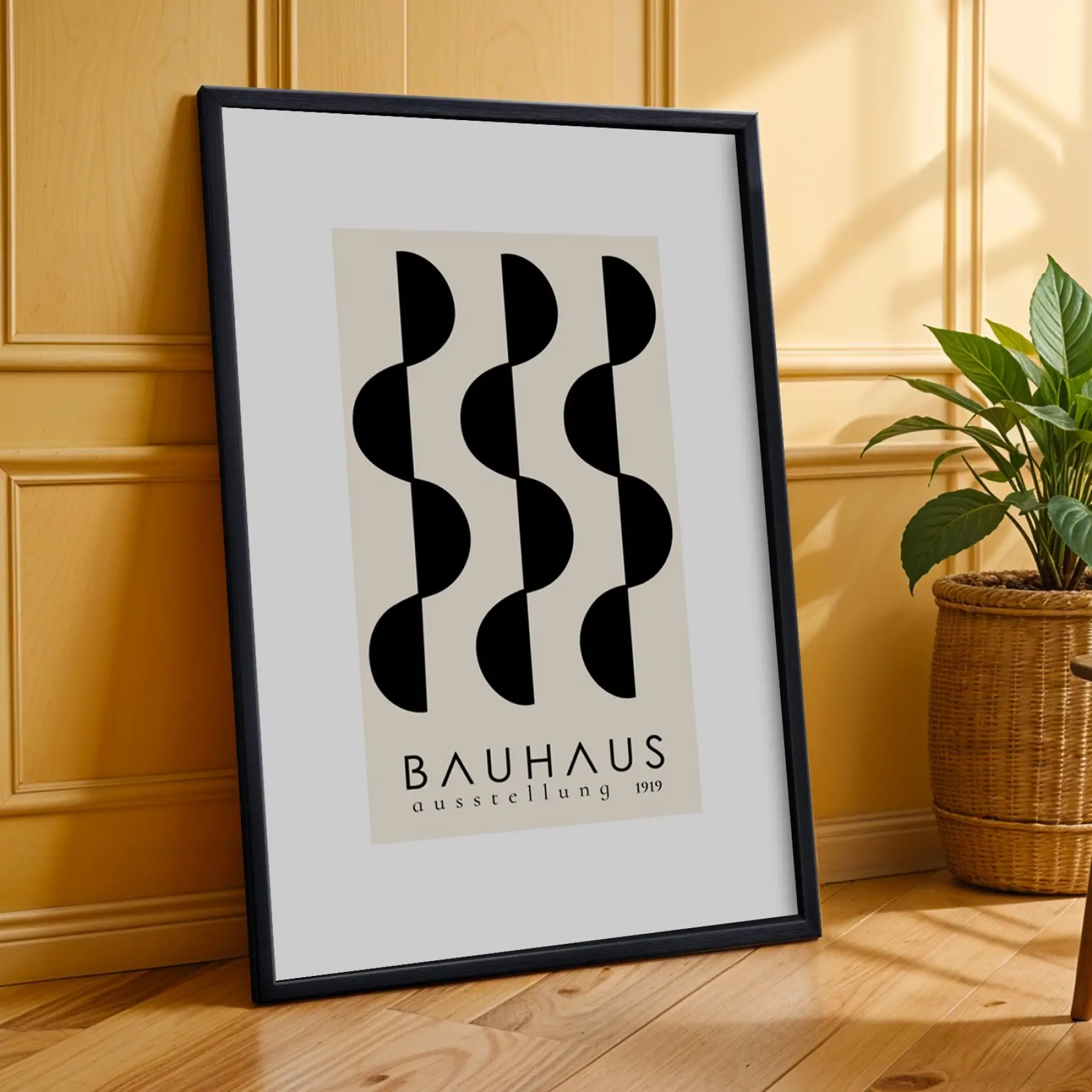 Siyah Bej Bauhaus Ritimleri Siyah Çerçeveli 3lü Ahşap Tablo Seti