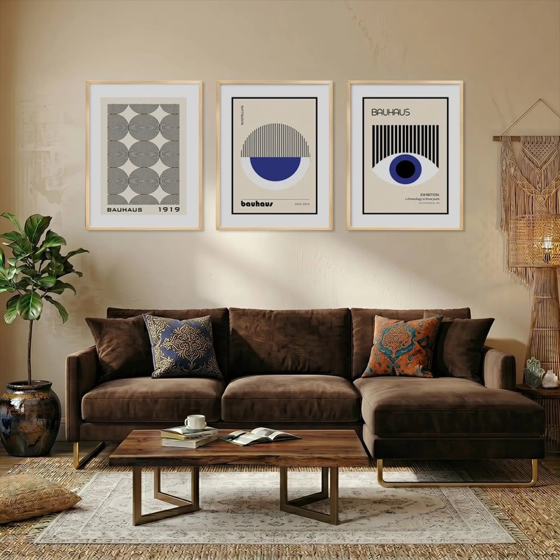 Bauhaus Geometrik Lacivert Üçlü Doğal Ahşap Çerçeveli 3lü Tablo Seti