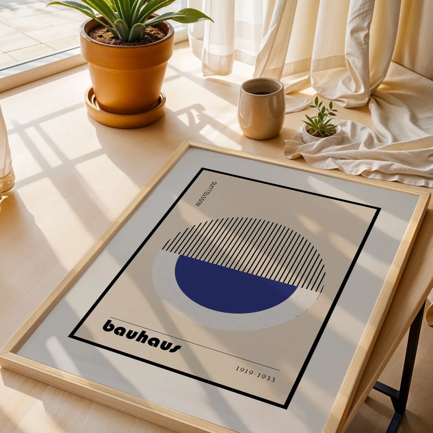 Bauhaus Geometrik Lacivert Üçlü Doğal Ahşap Çerçeveli 3lü Tablo Seti