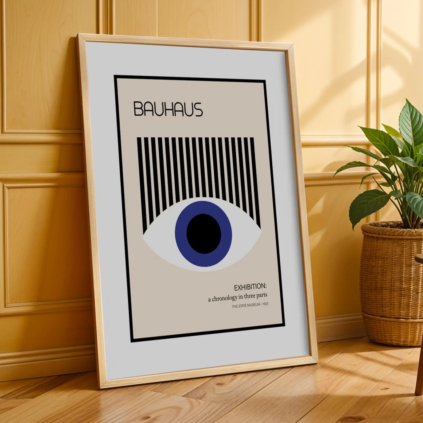 Bauhaus Geometrik Lacivert Üçlü Doğal Ahşap Çerçeveli 3lü Tablo Seti