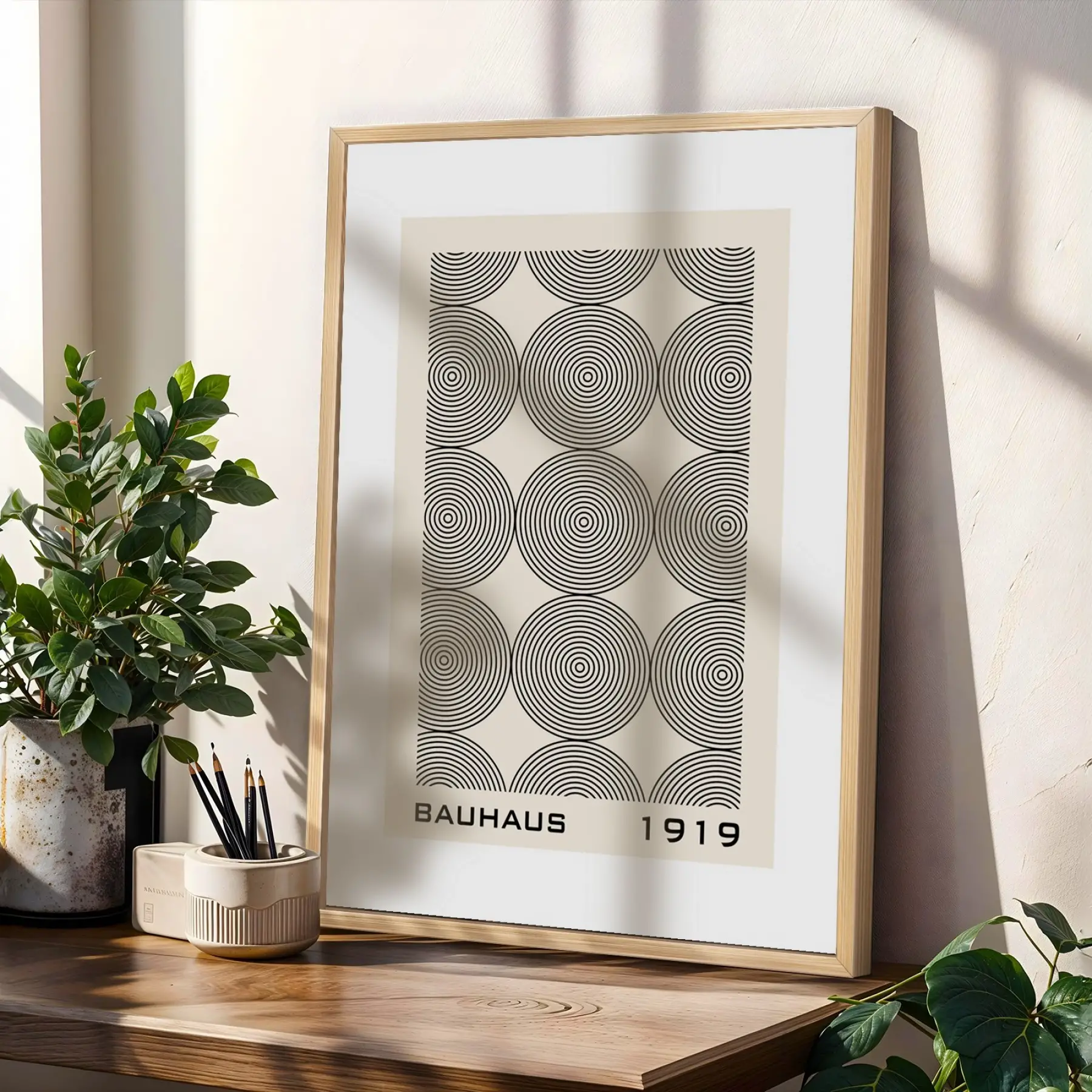 Bauhaus Geometrik Lacivert Üçlü Doğal Ahşap Çerçeveli 3lü Tablo Seti