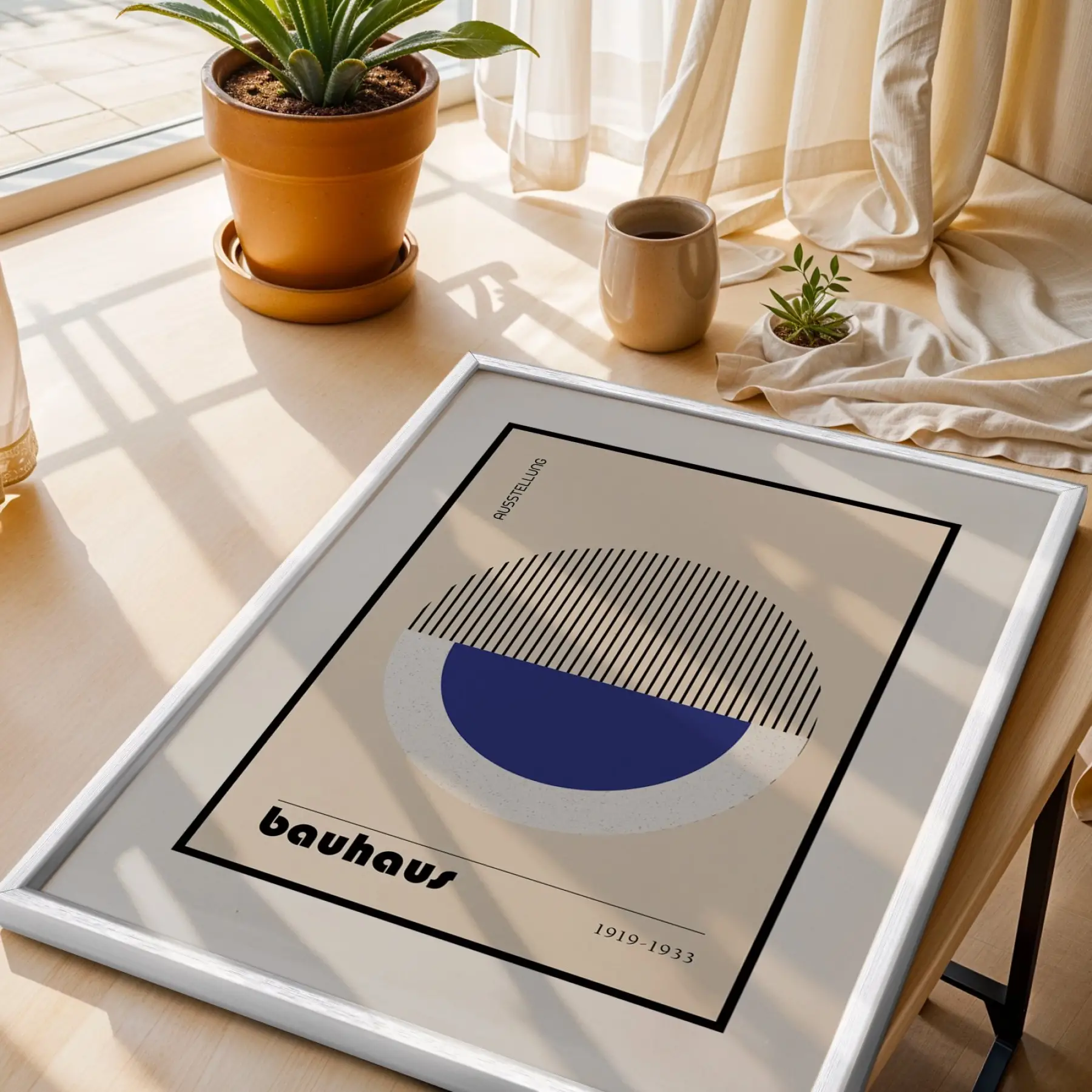Bauhaus Geometrik Lacivert Üçlü Beyaz Çerçeveli 3lü Ahşap Tablo Seti