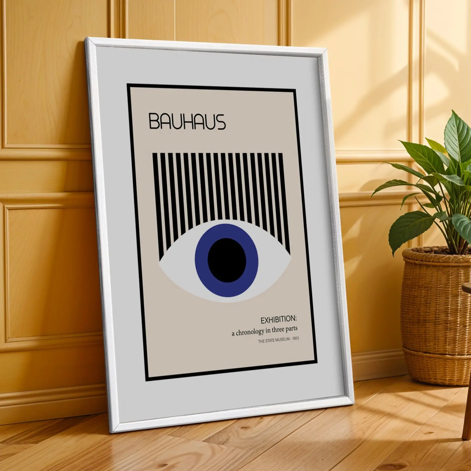 Bauhaus Geometrik Lacivert Üçlü Beyaz Çerçeveli 3lü Ahşap Tablo Seti