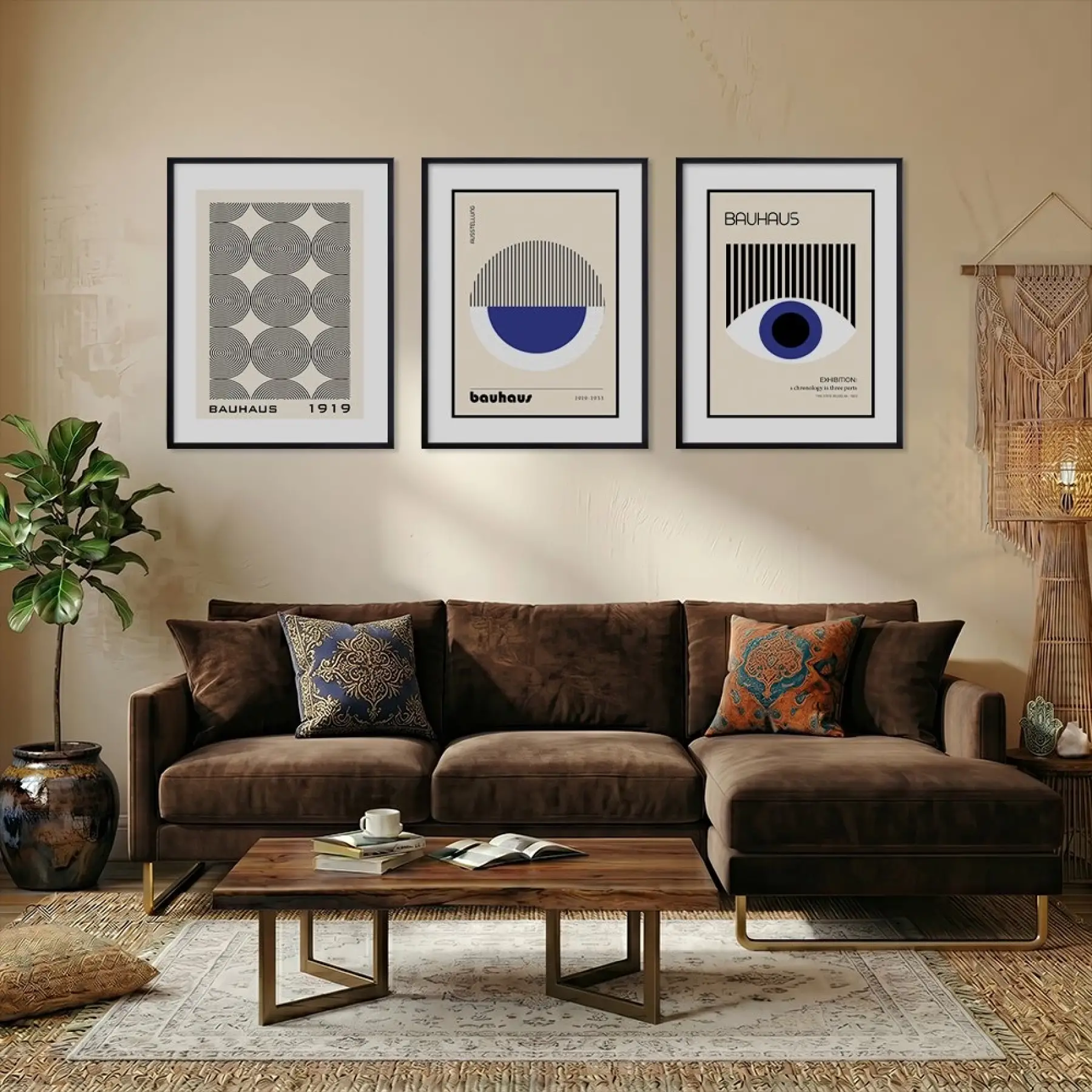 Bauhaus Geometrik Lacivert Üçlü Siyah Çerçeveli 3lü Ahşap Tablo Seti
