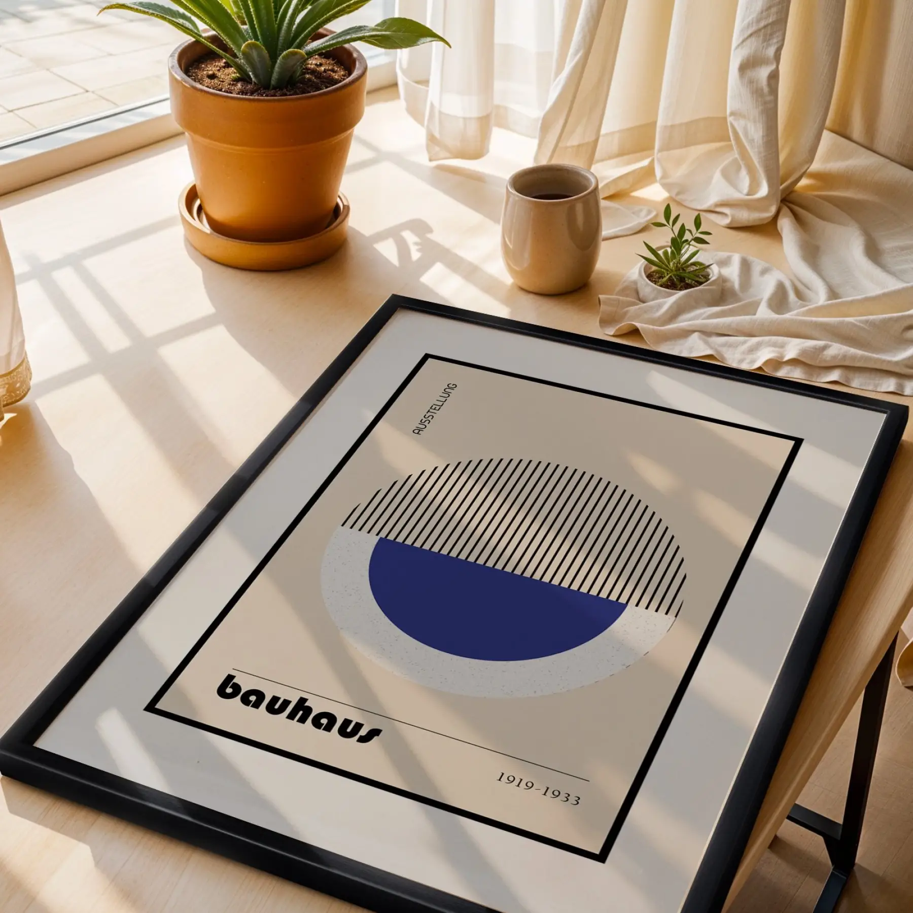Bauhaus Geometrik Lacivert Üçlü Siyah Çerçeveli 3lü Ahşap Tablo Seti