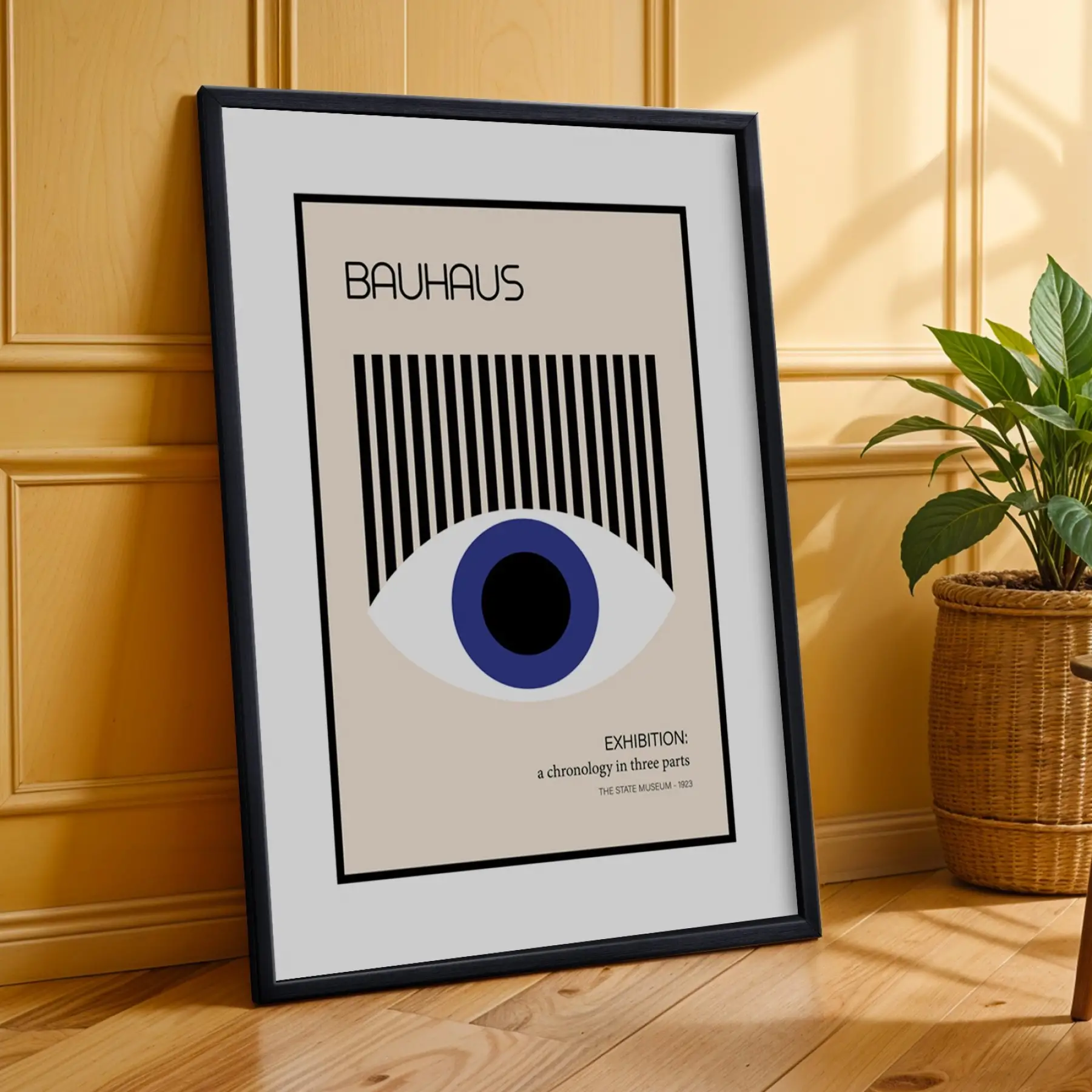Bauhaus Geometrik Lacivert Üçlü Siyah Çerçeveli 3lü Ahşap Tablo Seti