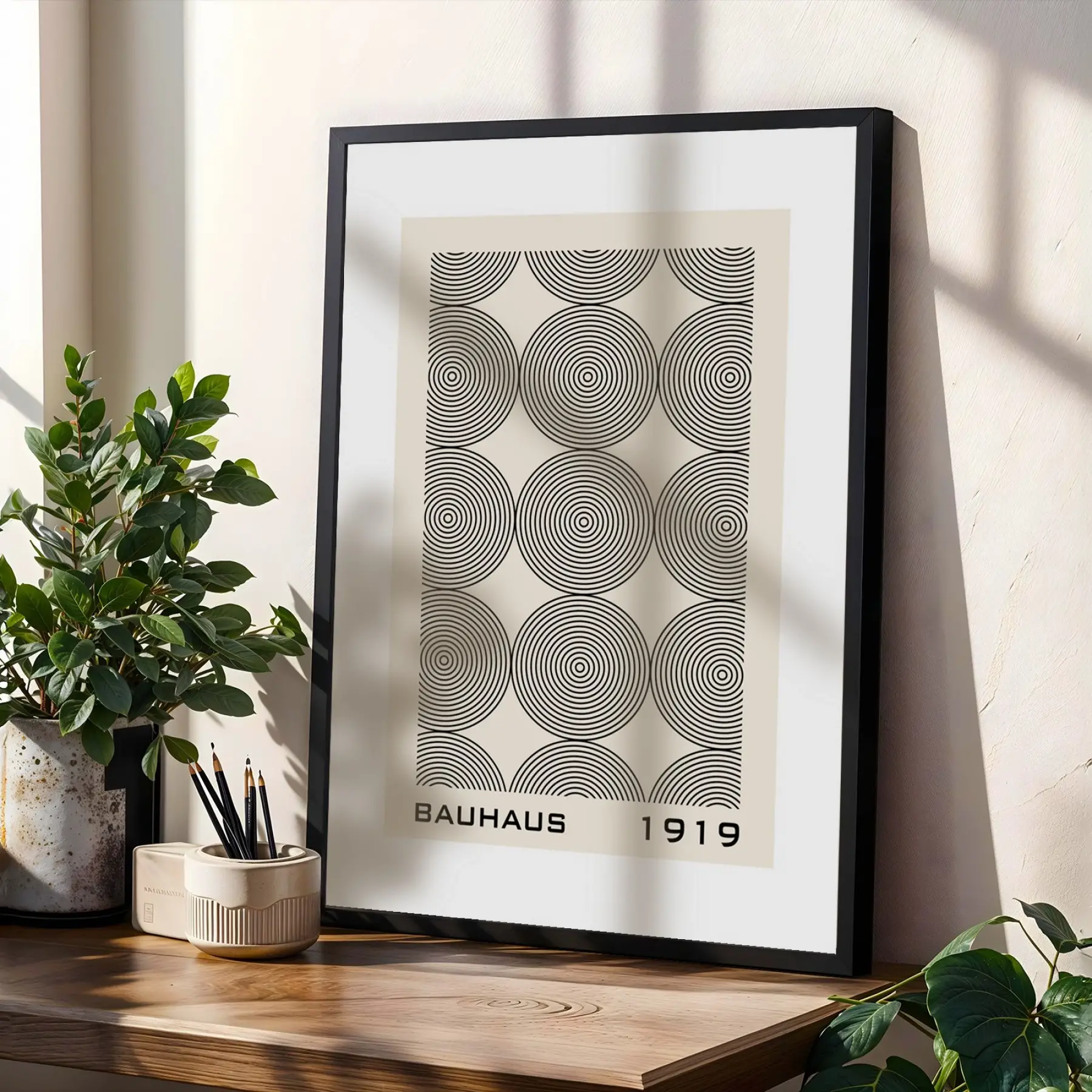Bauhaus Geometrik Lacivert Üçlü Siyah Çerçeveli 3lü Ahşap Tablo Seti