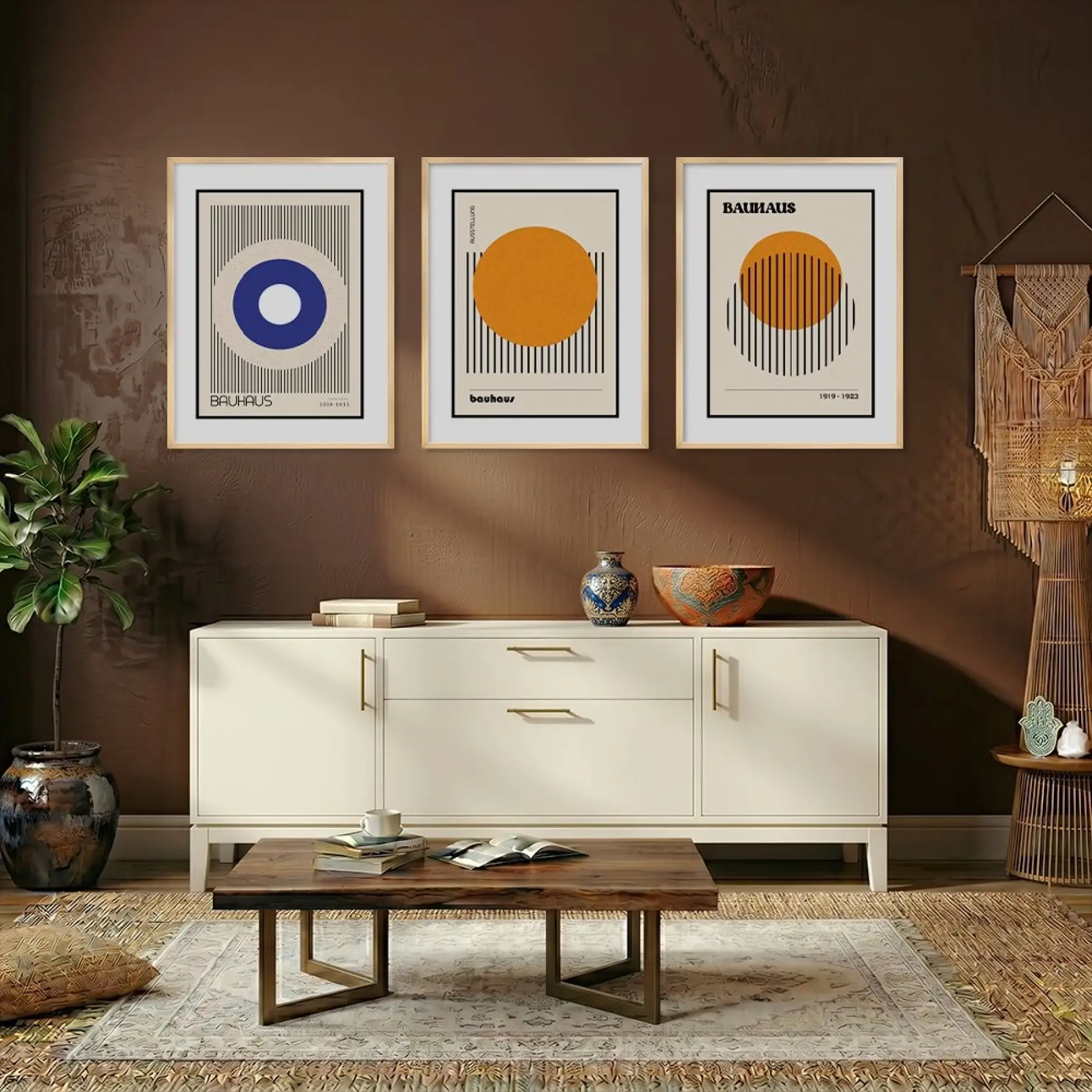 Bauhaus Geometrik Formlar Doğal Ahşap Çerçeveli 3lü Tablo Seti