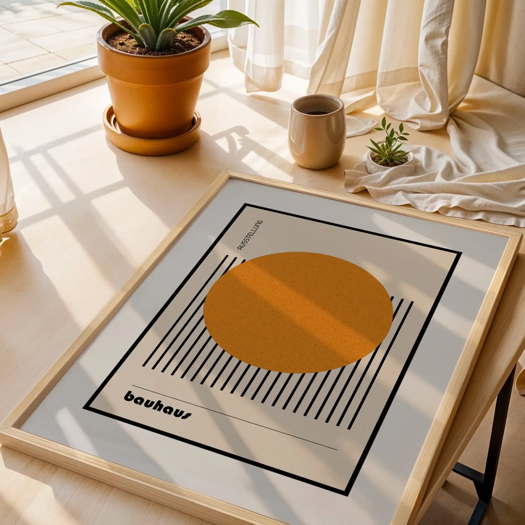Bauhaus Geometrik Formlar Doğal Ahşap Çerçeveli 3lü Tablo Seti