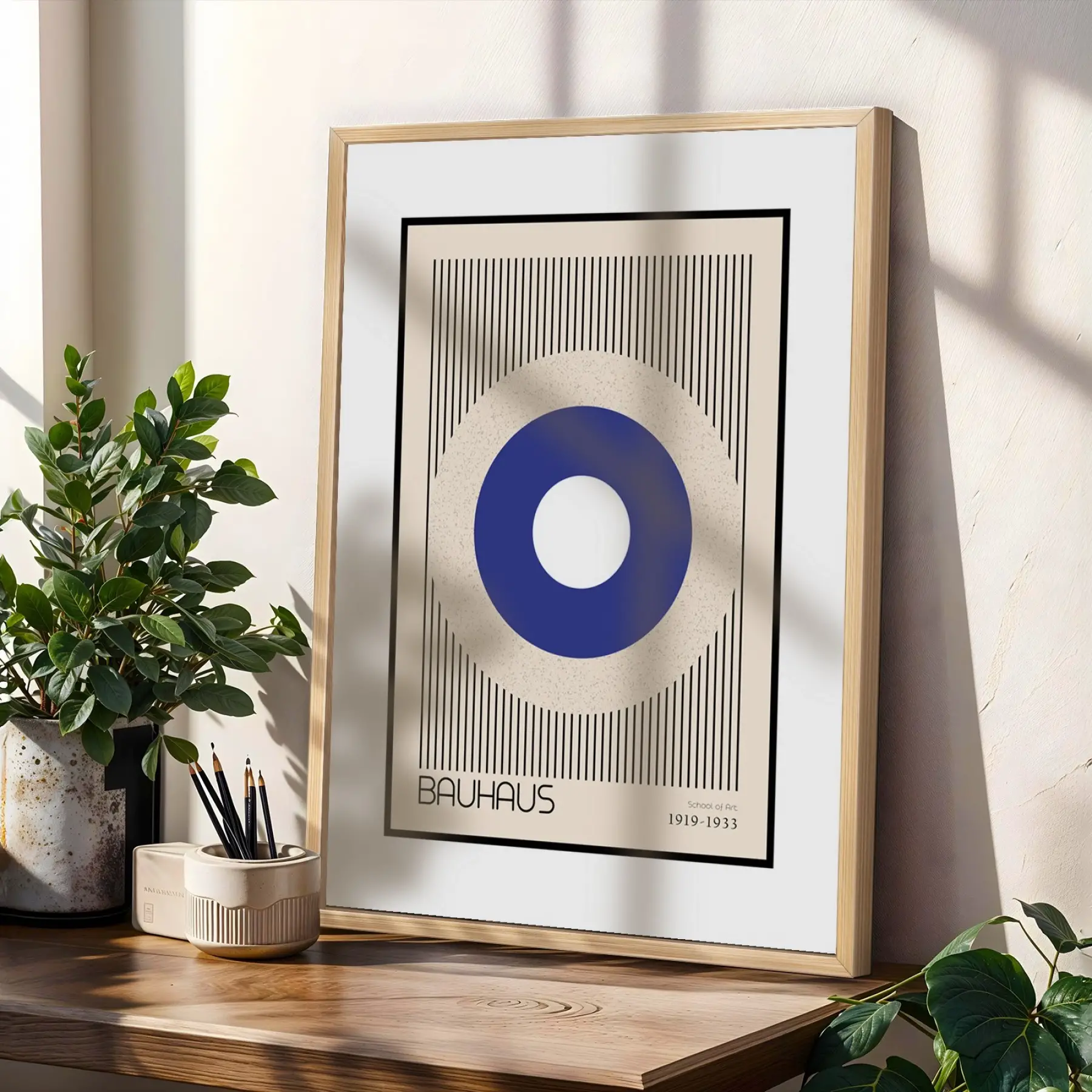 Bauhaus Geometrik Formlar Doğal Ahşap Çerçeveli 3lü Tablo Seti