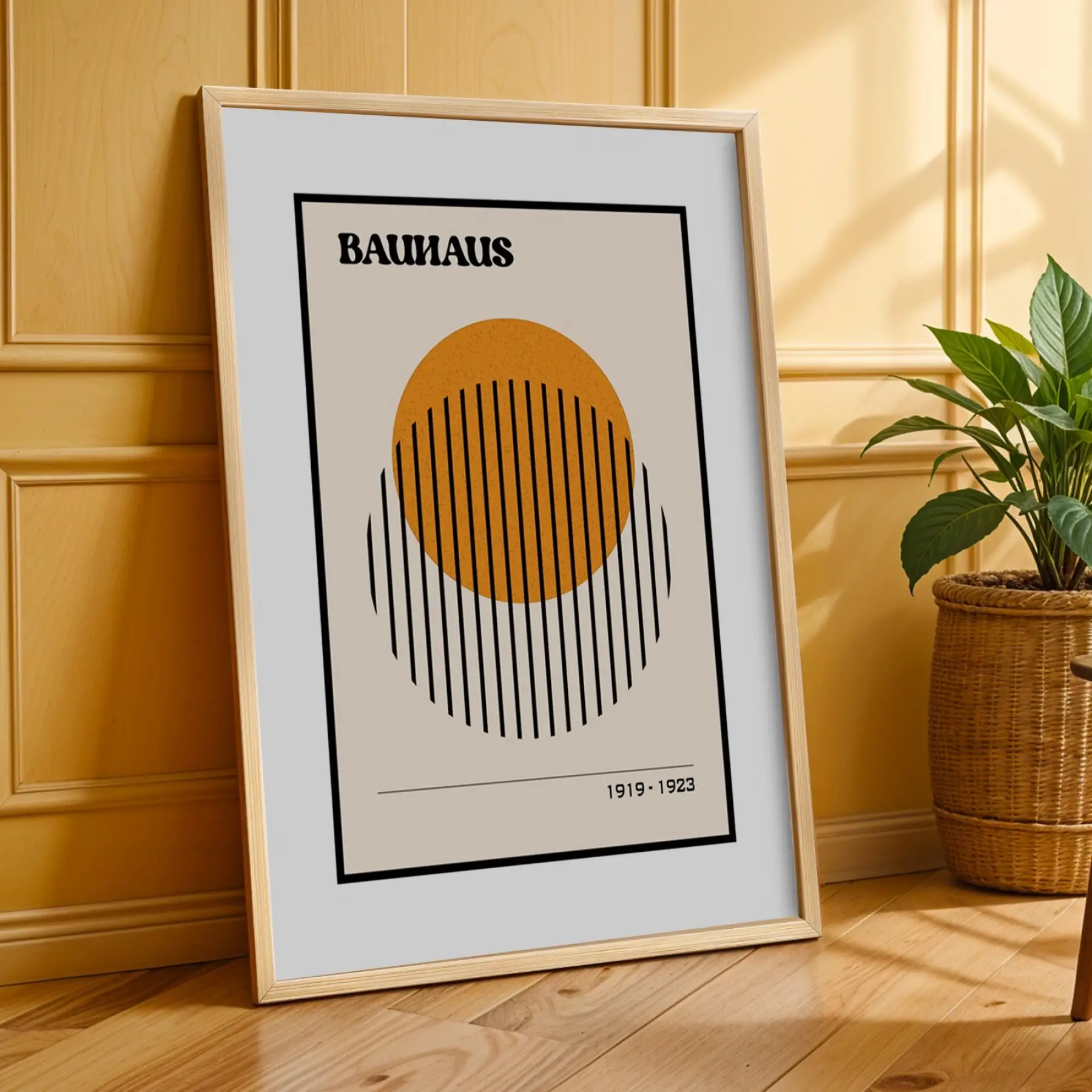 Bauhaus Geometrik Formlar Doğal Ahşap Çerçeveli 3lü Tablo Seti
