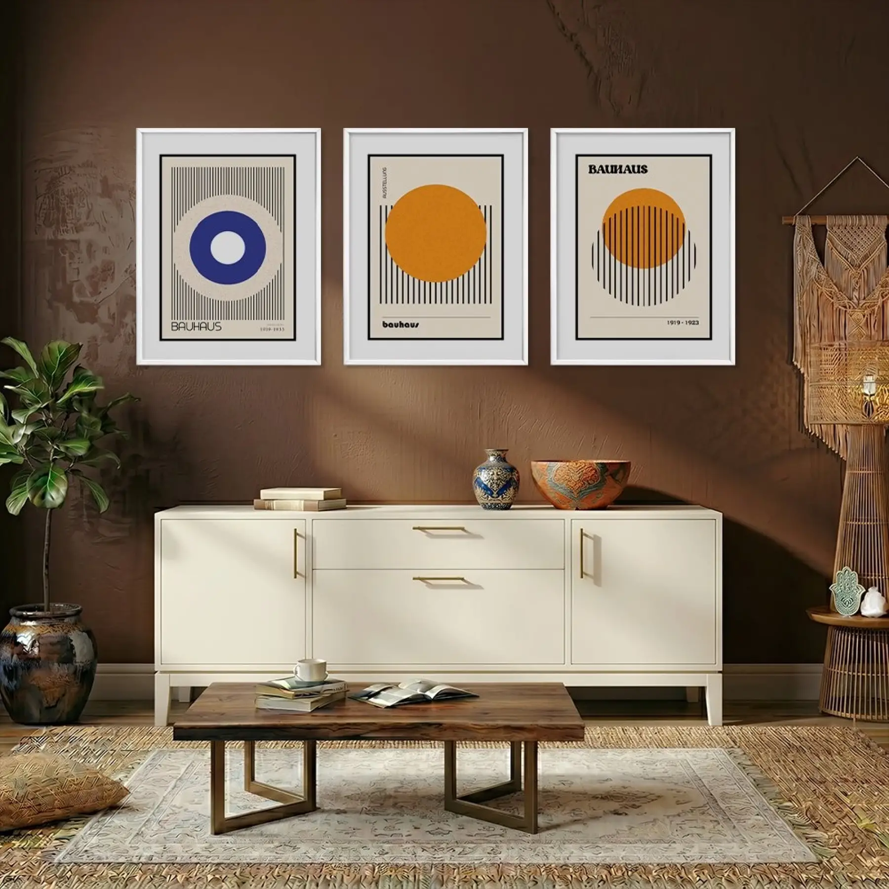 Bauhaus Geometrik Formlar Beyaz Çerçeveli 3lü Ahşap Tablo Seti