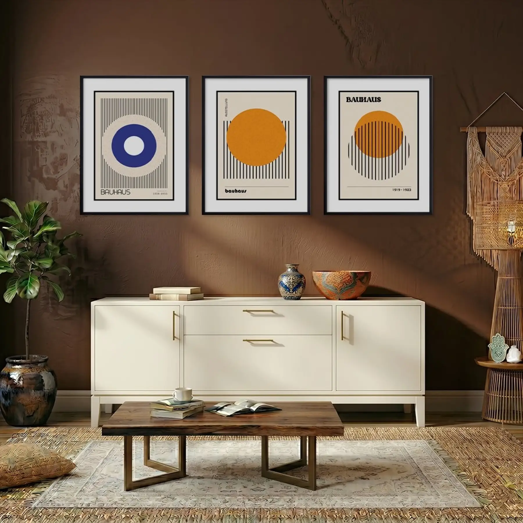 Bauhaus Geometrik Formlar Siyah Çerçeveli 3lü Ahşap Tablo Seti