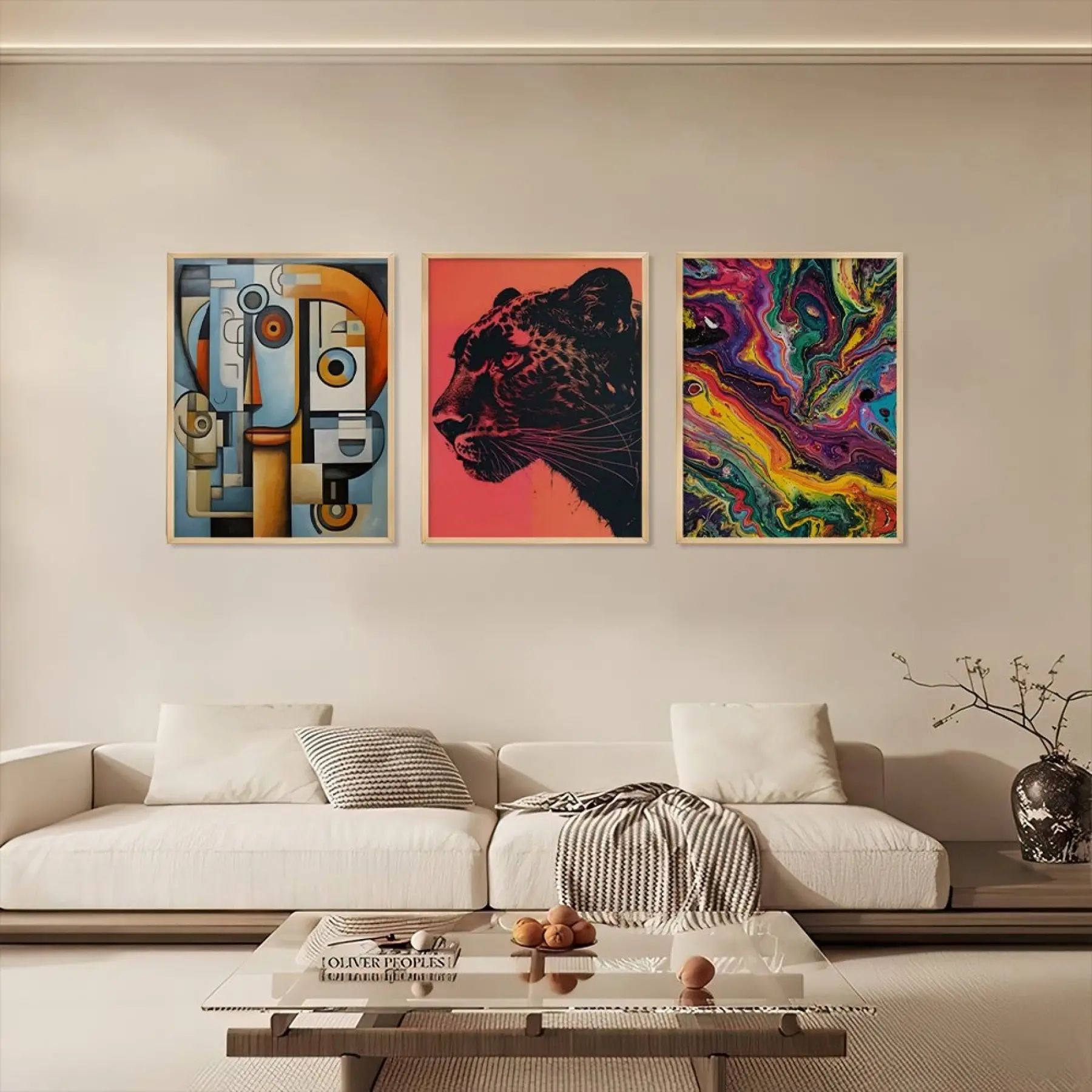 Kübist Panter Akışkan Sanat Doğal Ahşap Çerçeveli 3lü Tablo Seti