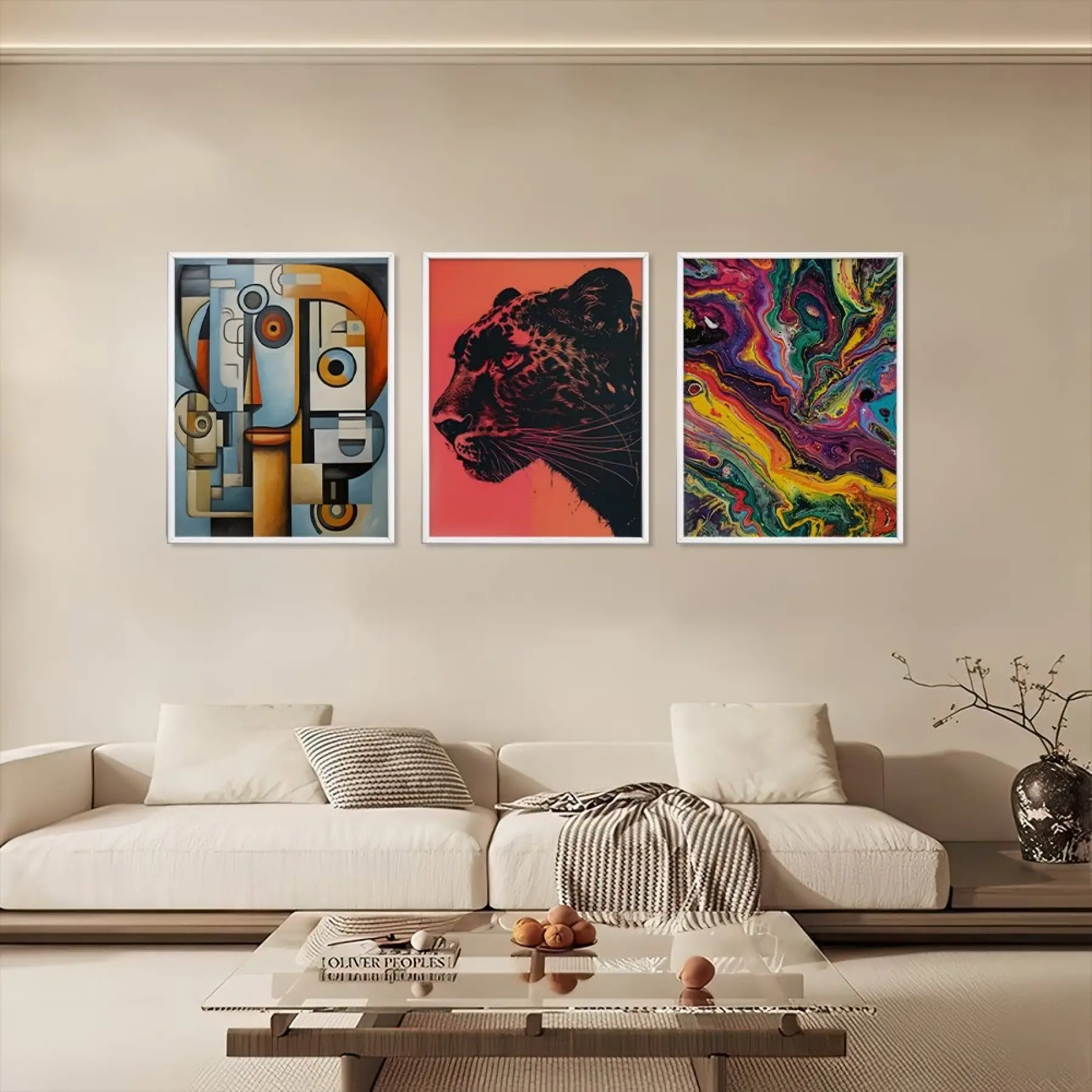 Kübist Panter Akışkan Sanat Beyaz Çerçeveli 3lü Ahşap Tablo Seti