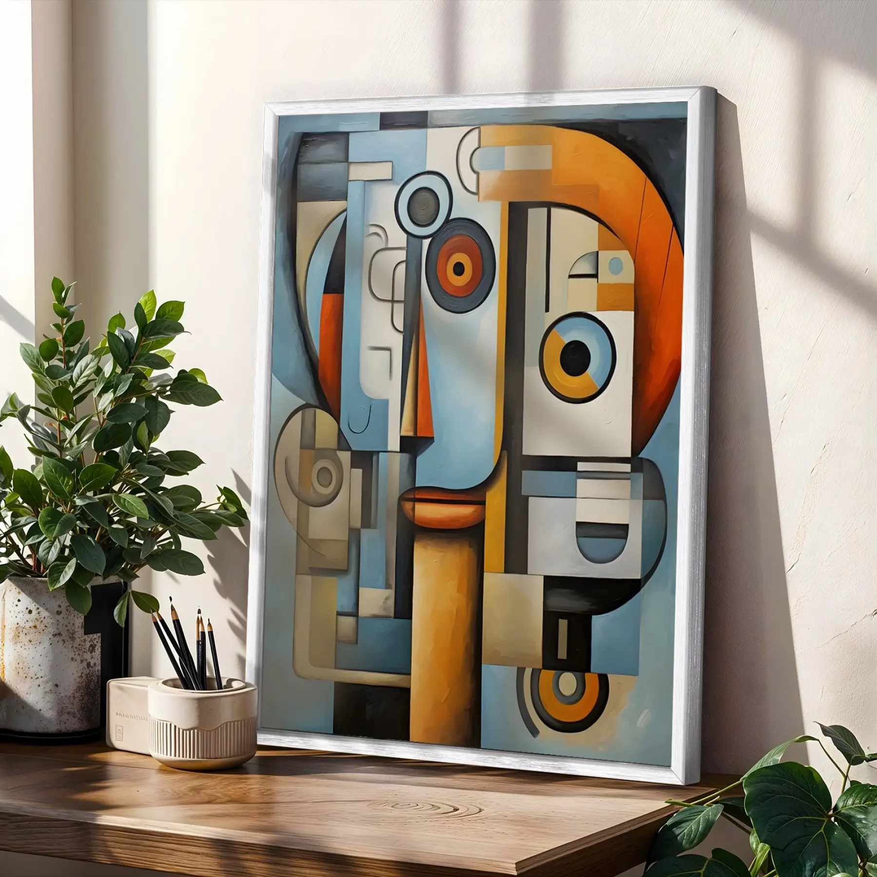 Kübist Panter Akışkan Sanat Beyaz Çerçeveli 3lü Ahşap Tablo Seti