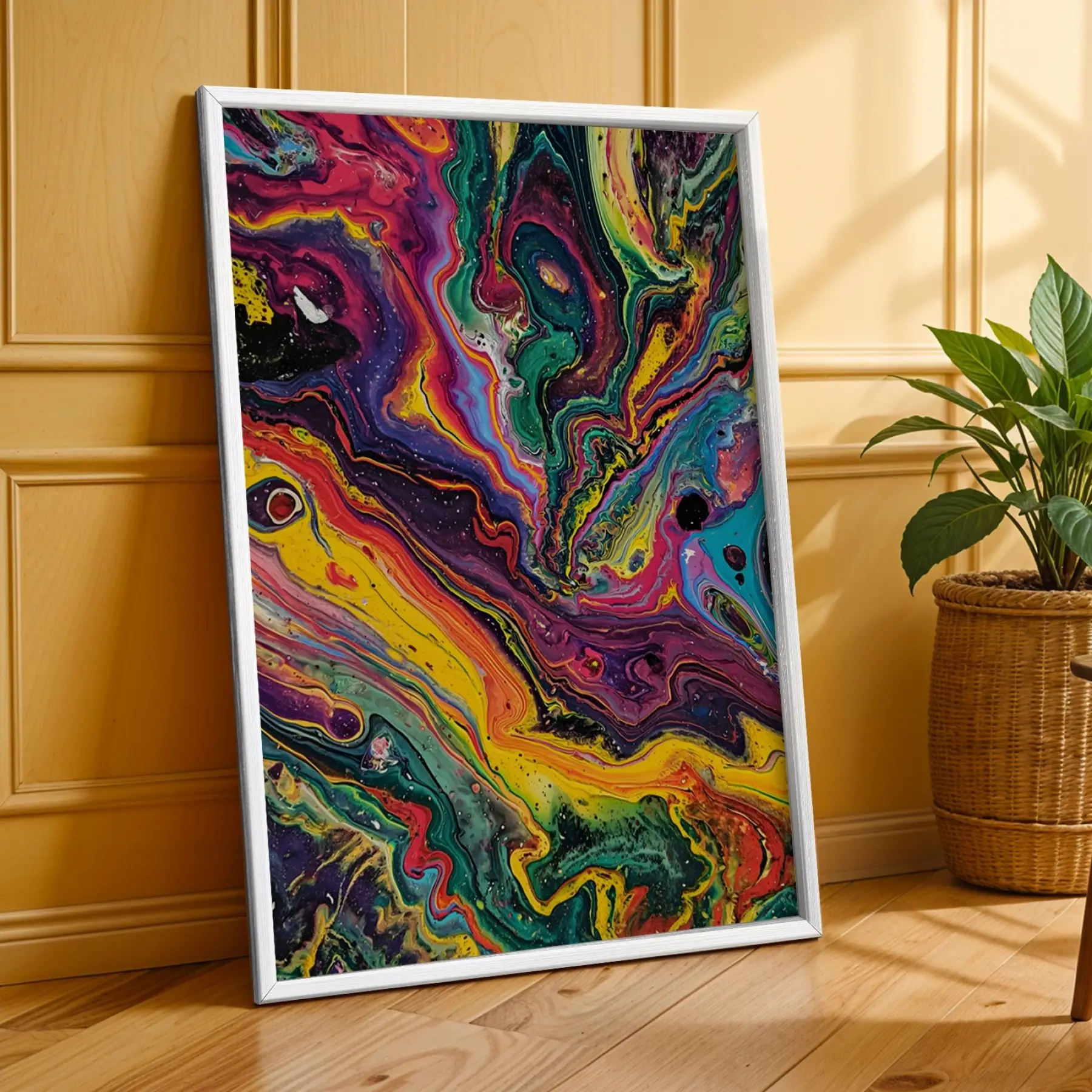 Kübist Panter Akışkan Sanat Beyaz Çerçeveli 3lü Ahşap Tablo Seti