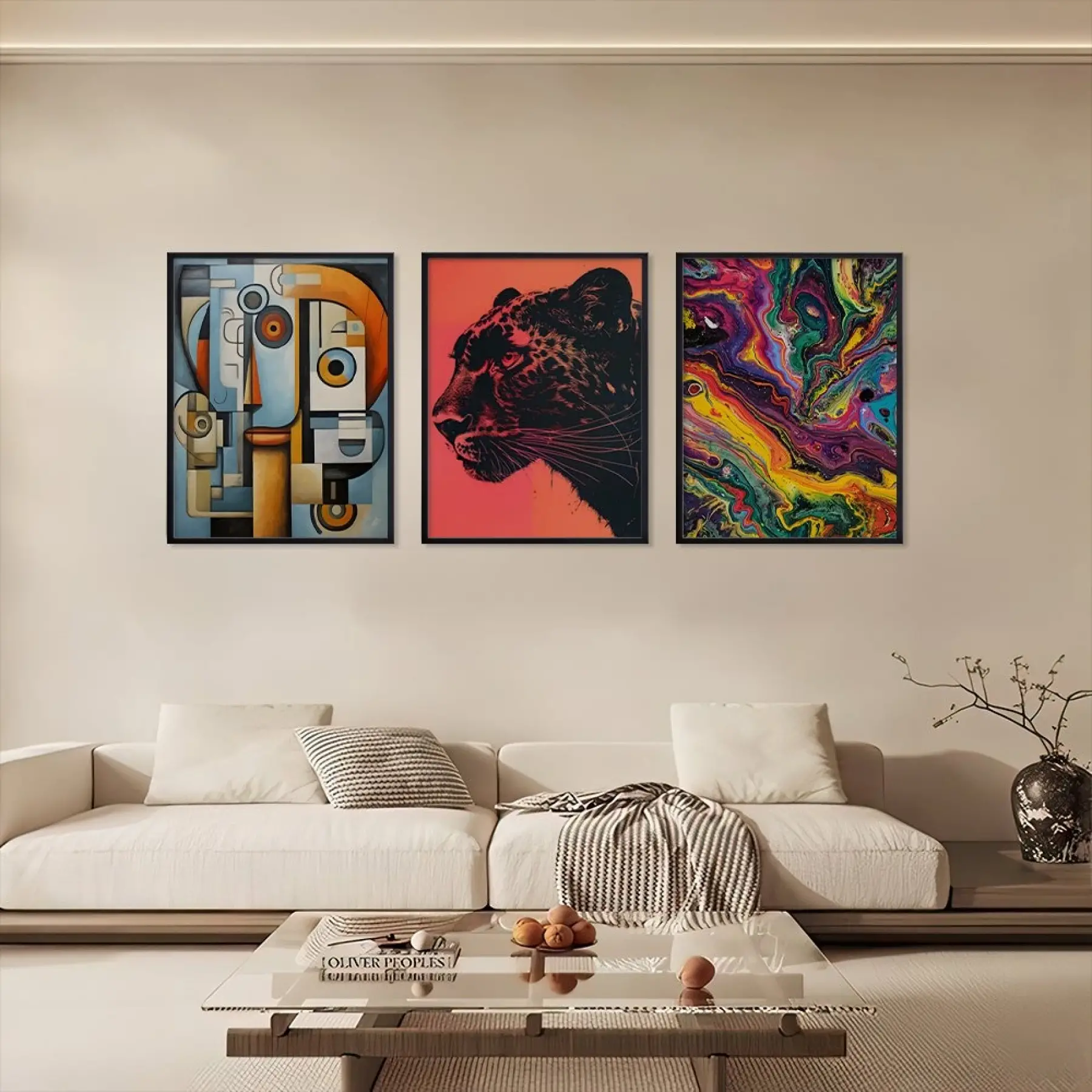 Kübist Panter Akışkan Sanat Siyah Çerçeveli 3lü Ahşap Tablo Seti