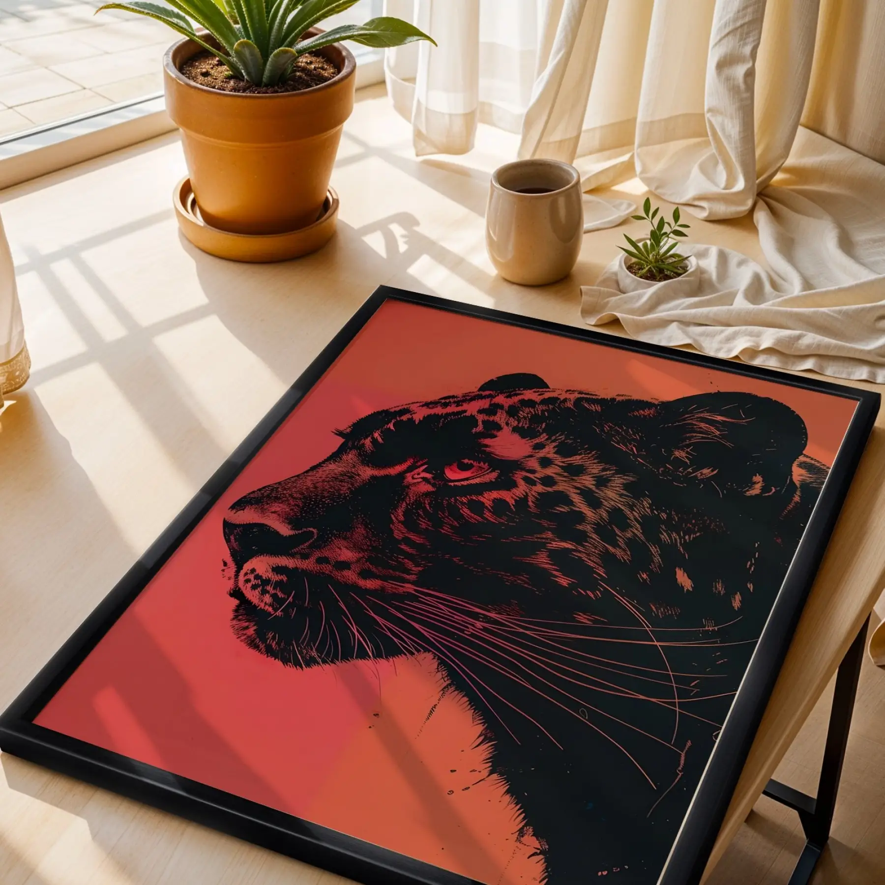 Kübist Panter Akışkan Sanat Siyah Çerçeveli 3lü Ahşap Tablo Seti