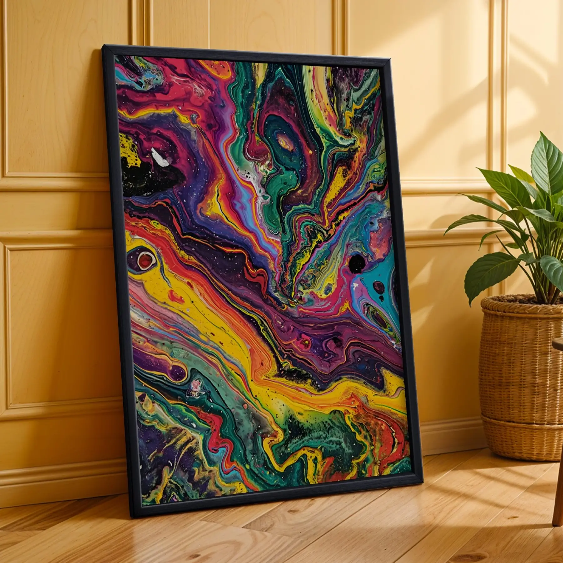 Kübist Panter Akışkan Sanat Siyah Çerçeveli 3lü Ahşap Tablo Seti
