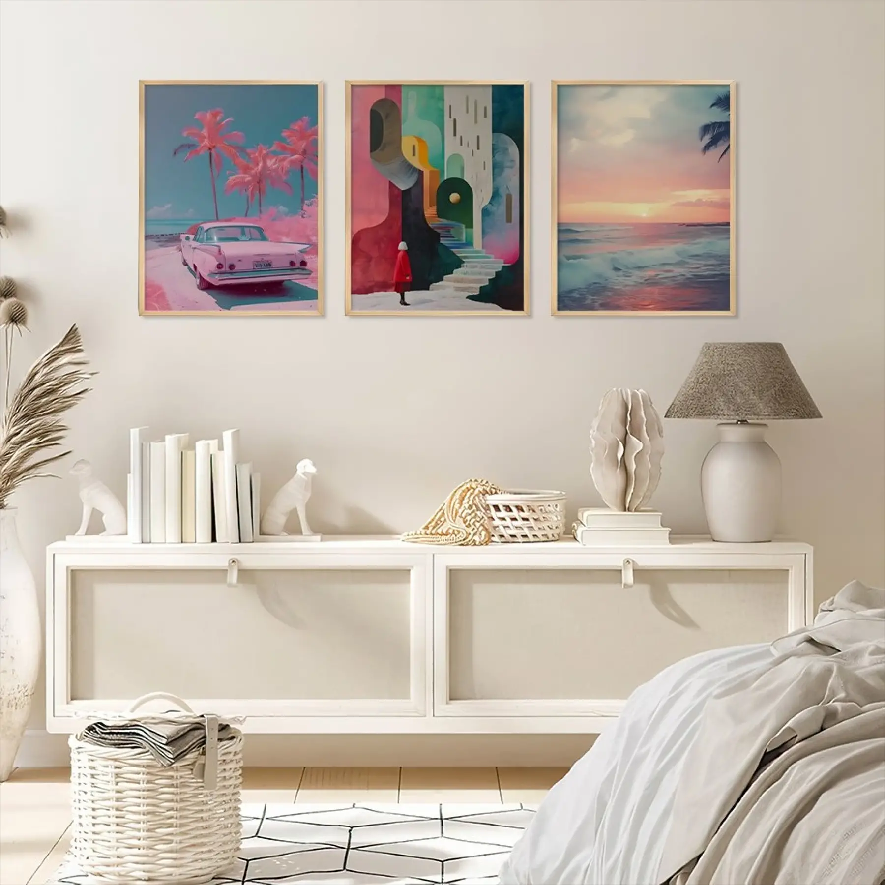 Retro Pastel Ufuklar Doğal Ahşap Çerçeveli 3lü Tablo Seti