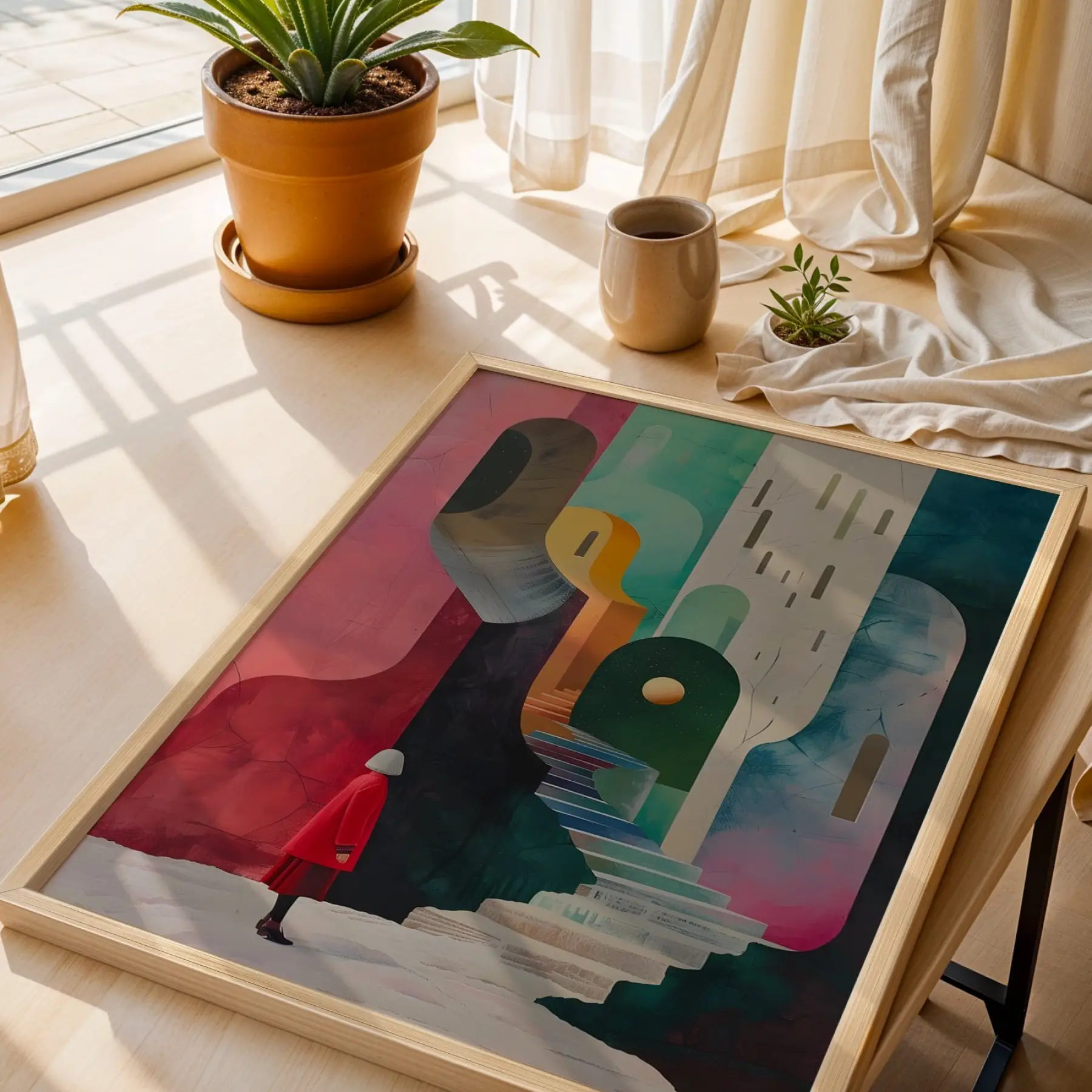 Retro Pastel Ufuklar Doğal Ahşap Çerçeveli 3lü Tablo Seti