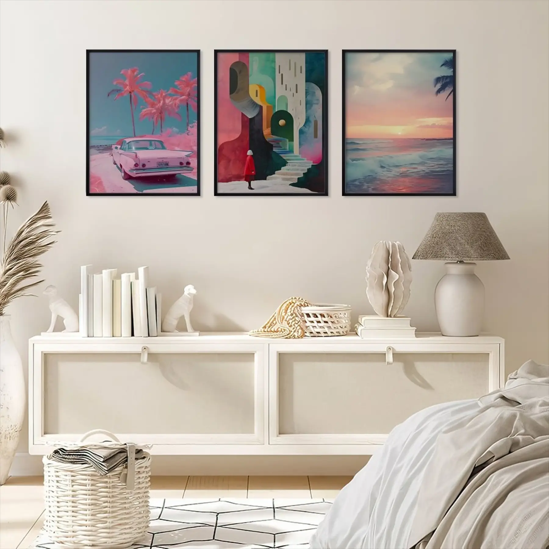 Retro Pastel Ufuklar Siyah Çerçeveli 3lü Ahşap Tablo Seti