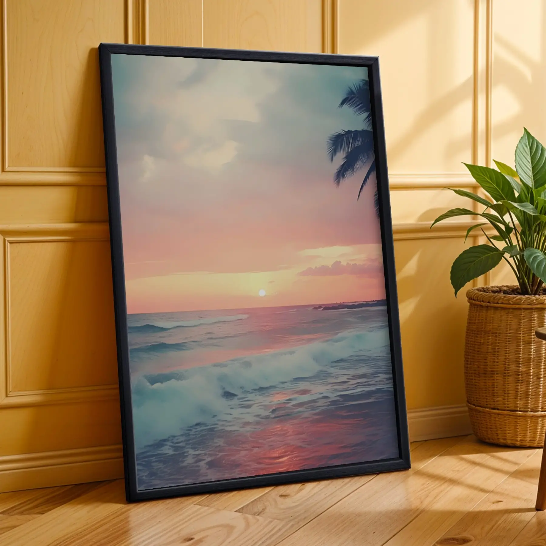 Retro Pastel Ufuklar Siyah Çerçeveli 3lü Ahşap Tablo Seti
