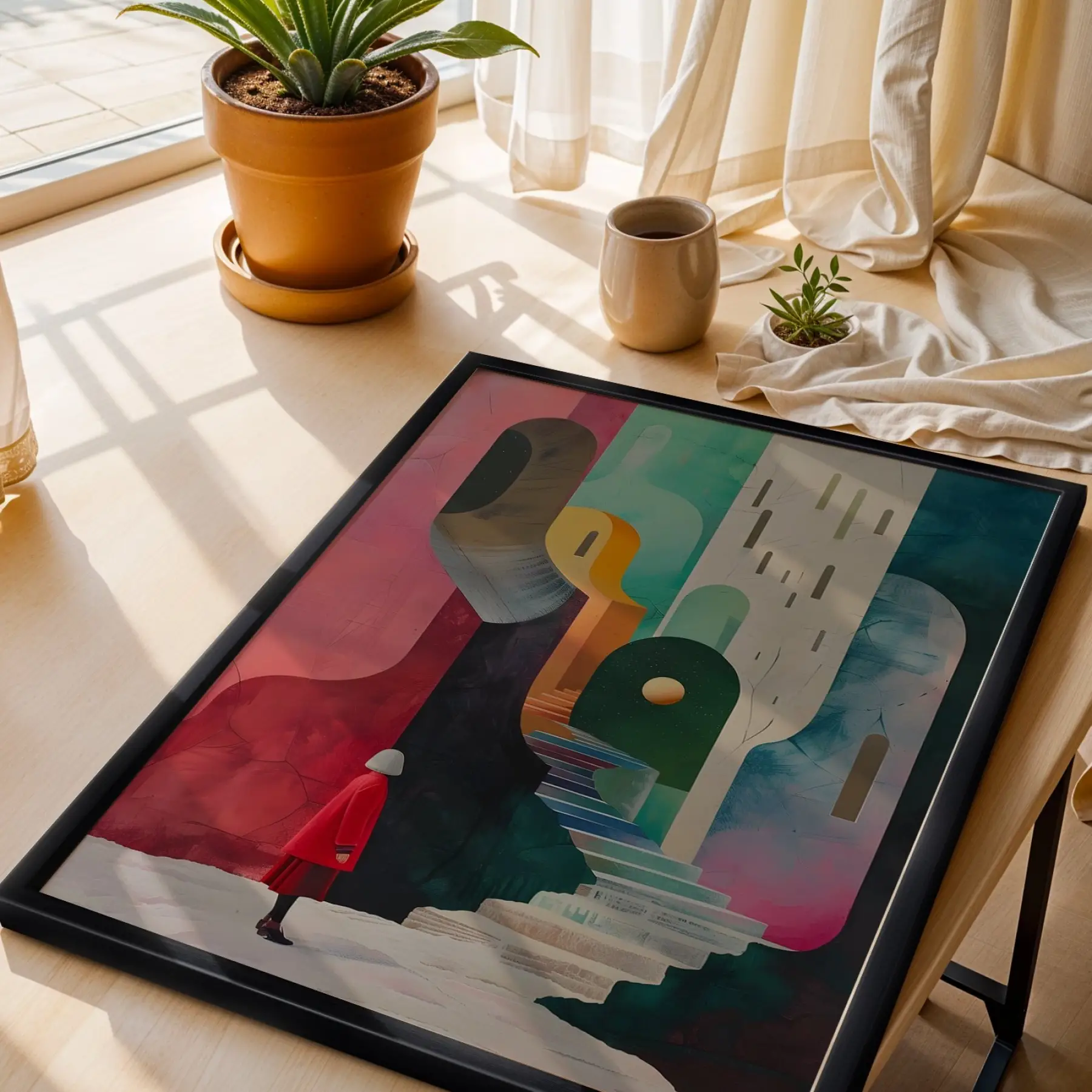 Retro Pastel Ufuklar Siyah Çerçeveli 3lü Ahşap Tablo Seti