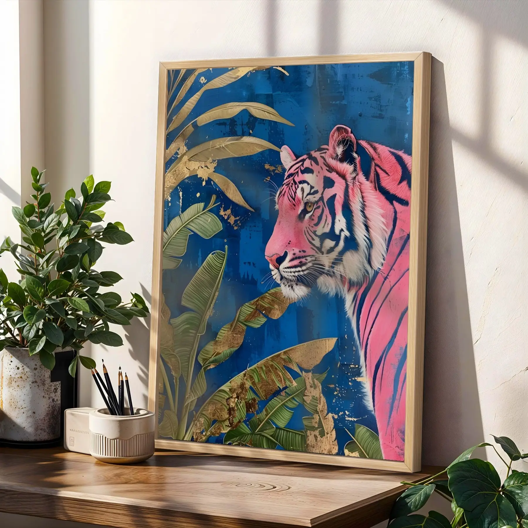 Tropik Pop Art ve Soyut Ahenk Doğal Ahşap Çerçeveli 3lü Tablo Seti
