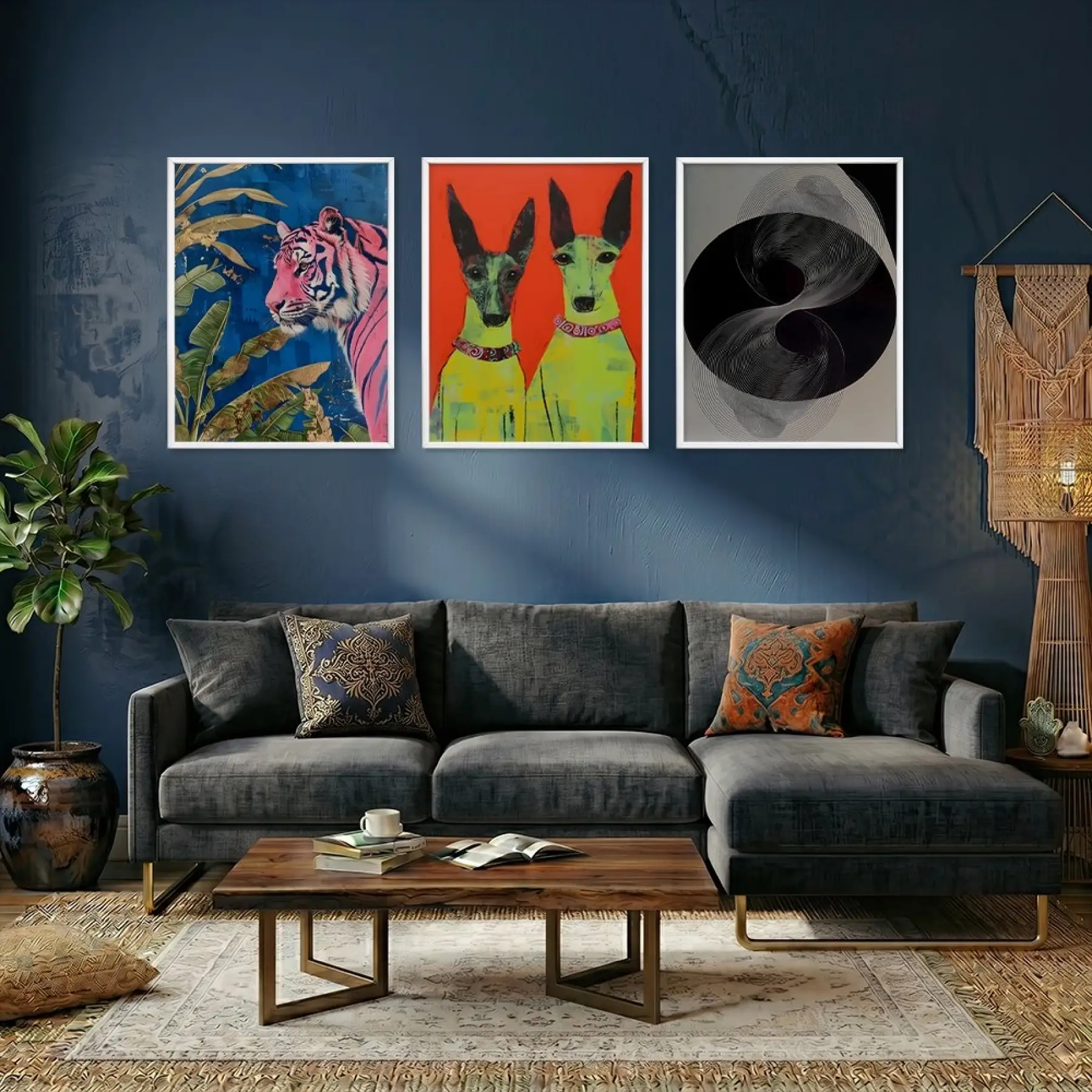 Tropik Pop Art ve Soyut Ahenk Beyaz Çerçeveli 3lü Ahşap Tablo Seti