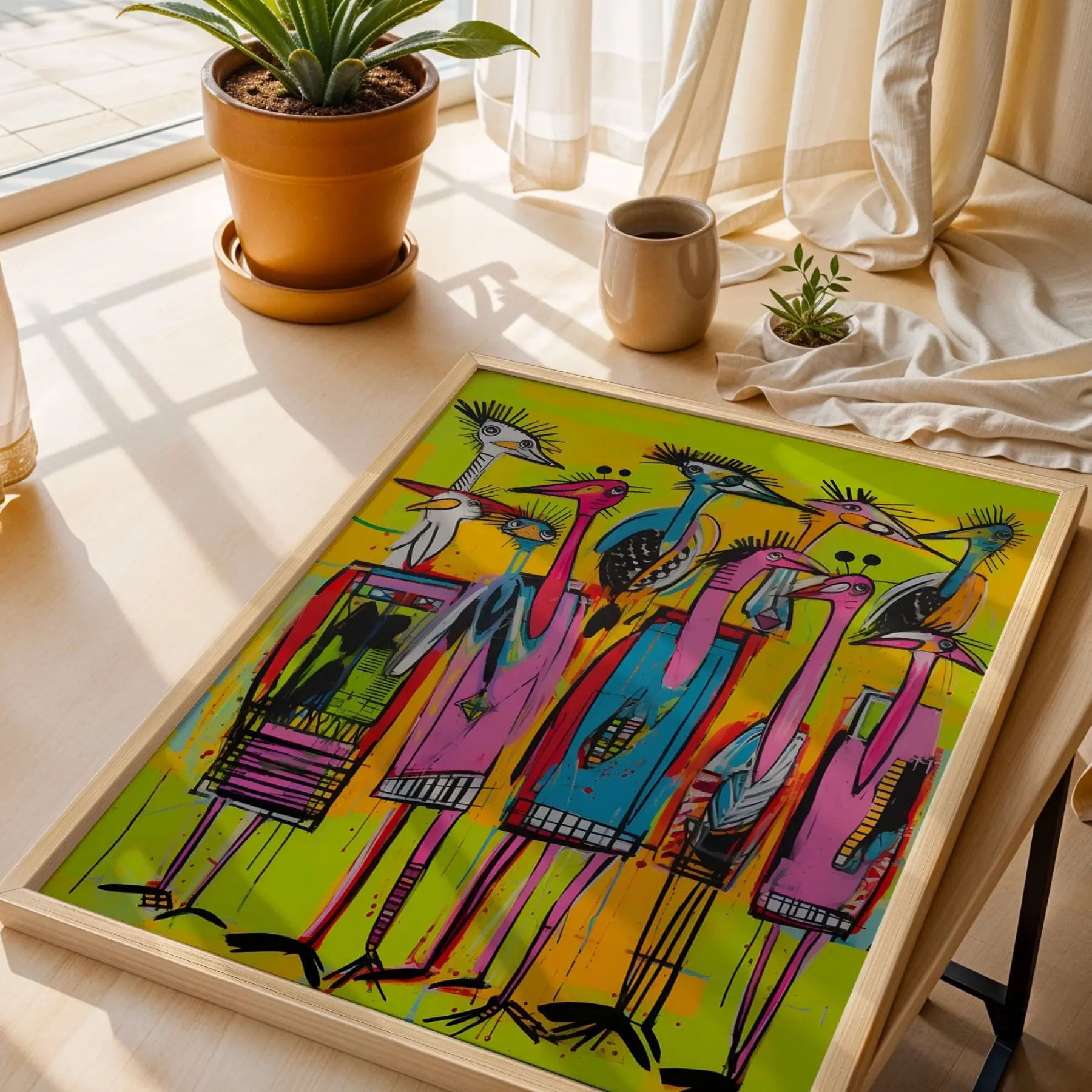 Vibrante Pop Art Kuş ve Hayvanlar Doğal Ahşap Çerçeveli 3lü Tablo Seti