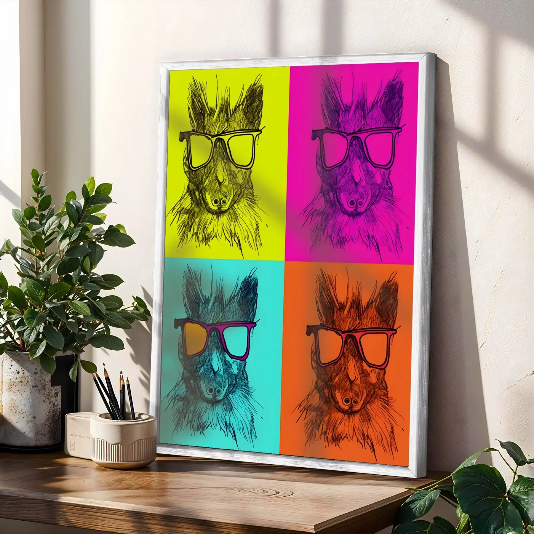 Vibrante Pop Art Kuş ve Hayvanlar Beyaz Çerçeveli 3lü Ahşap Tablo Seti