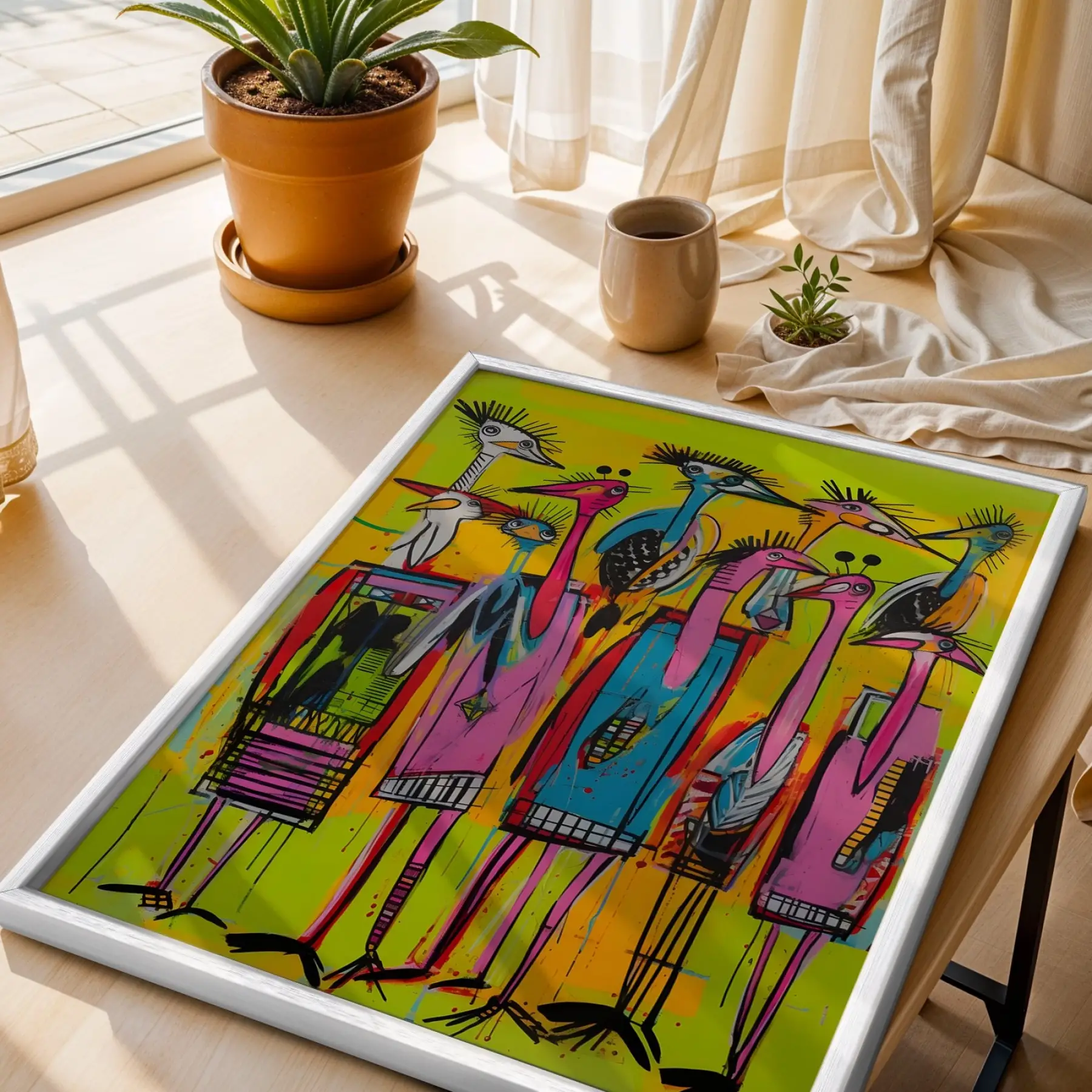 Vibrante Pop Art Kuş ve Hayvanlar Beyaz Çerçeveli 3lü Ahşap Tablo Seti