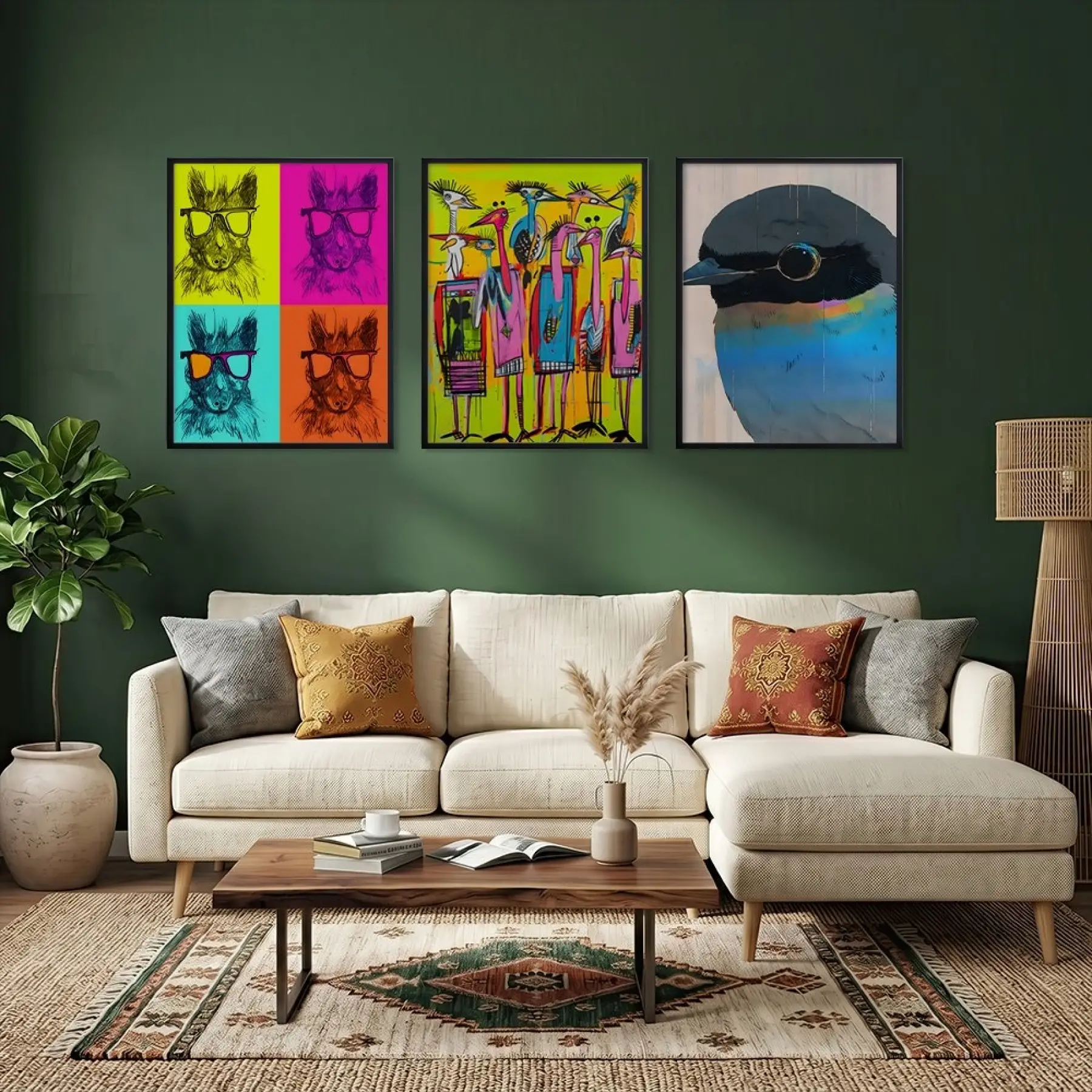 Vibrante Pop Art Kuş ve Hayvanlar Siyah Çerçeveli 3lü Ahşap Tablo Seti