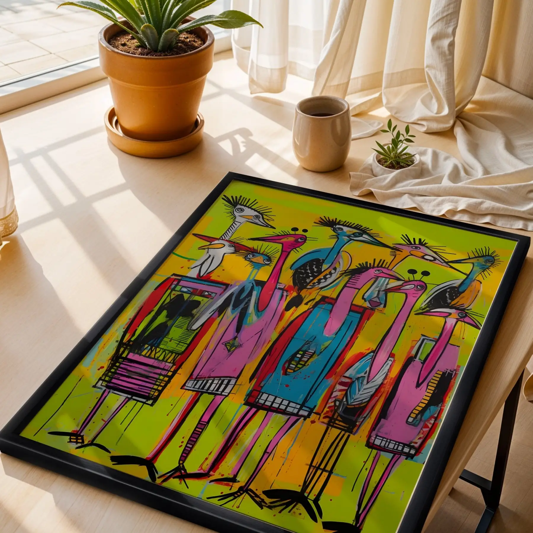 Vibrante Pop Art Kuş ve Hayvanlar Siyah Çerçeveli 3lü Ahşap Tablo Seti