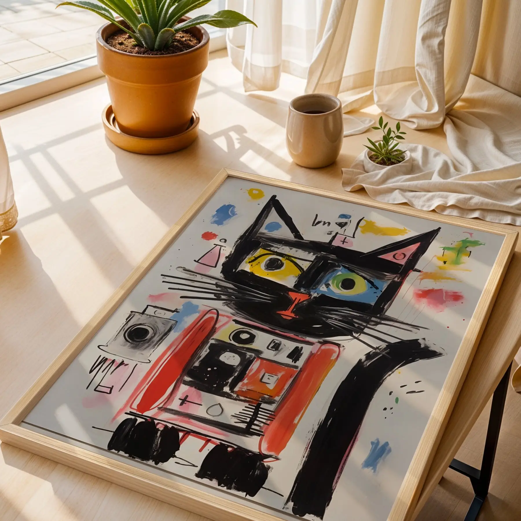 Ekletik Kedi Devresi Doğal Ahşap Çerçeveli 3lü Tablo Seti