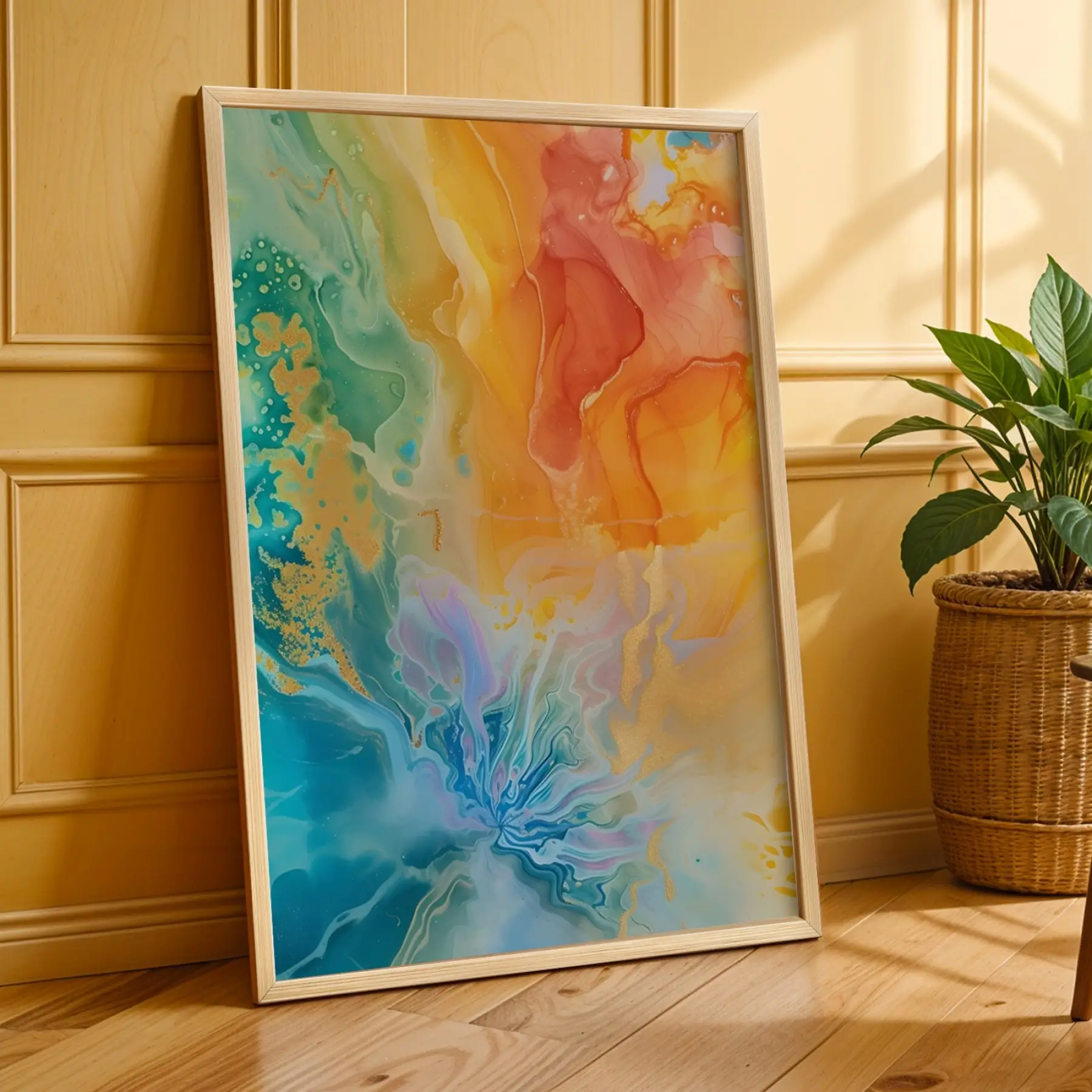 Dinamik Soyut Sanat Üçlüsü Doğal Ahşap Çerçeveli 3lü Tablo Seti