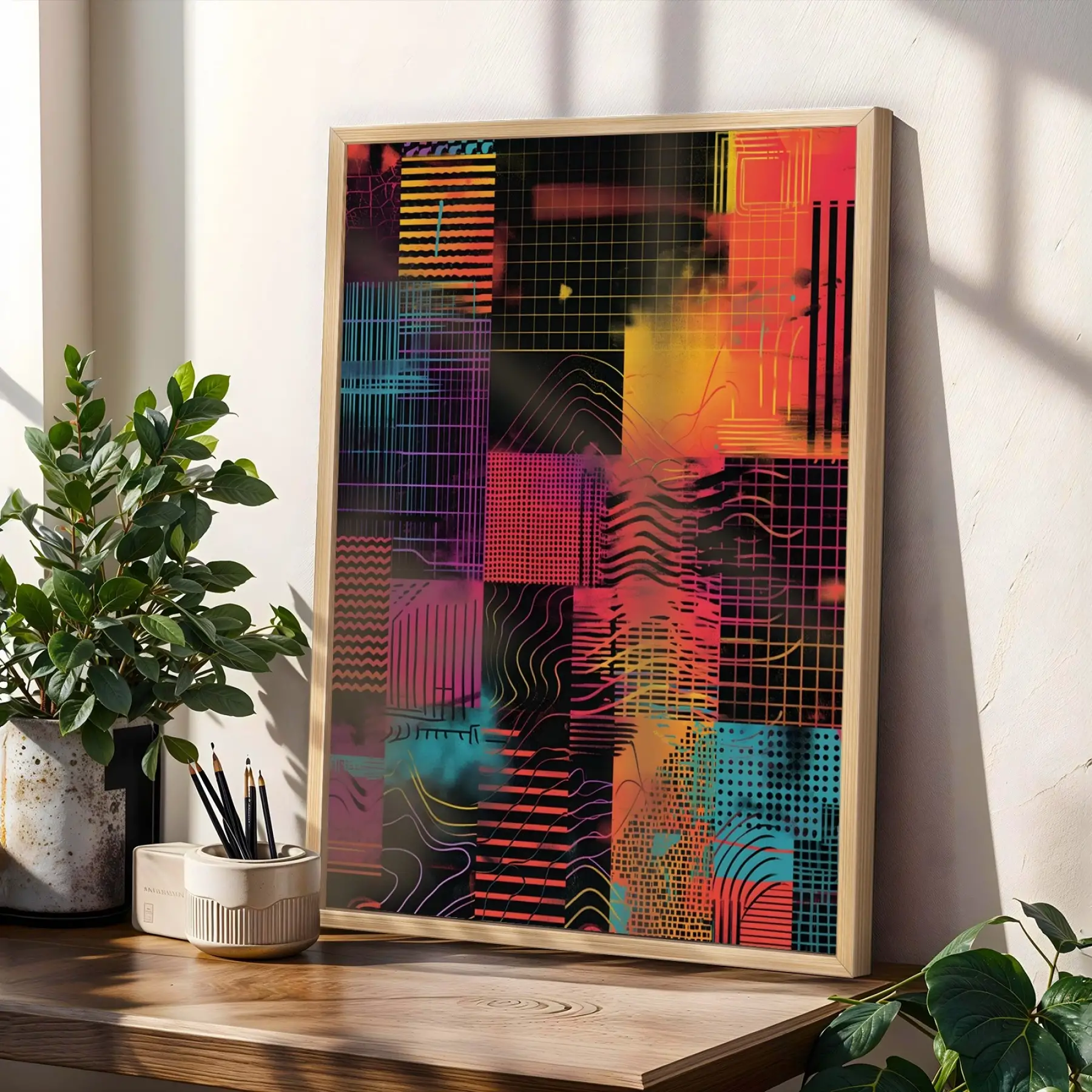 Dinamik Soyut Sanat Üçlüsü Doğal Ahşap Çerçeveli 3lü Tablo Seti